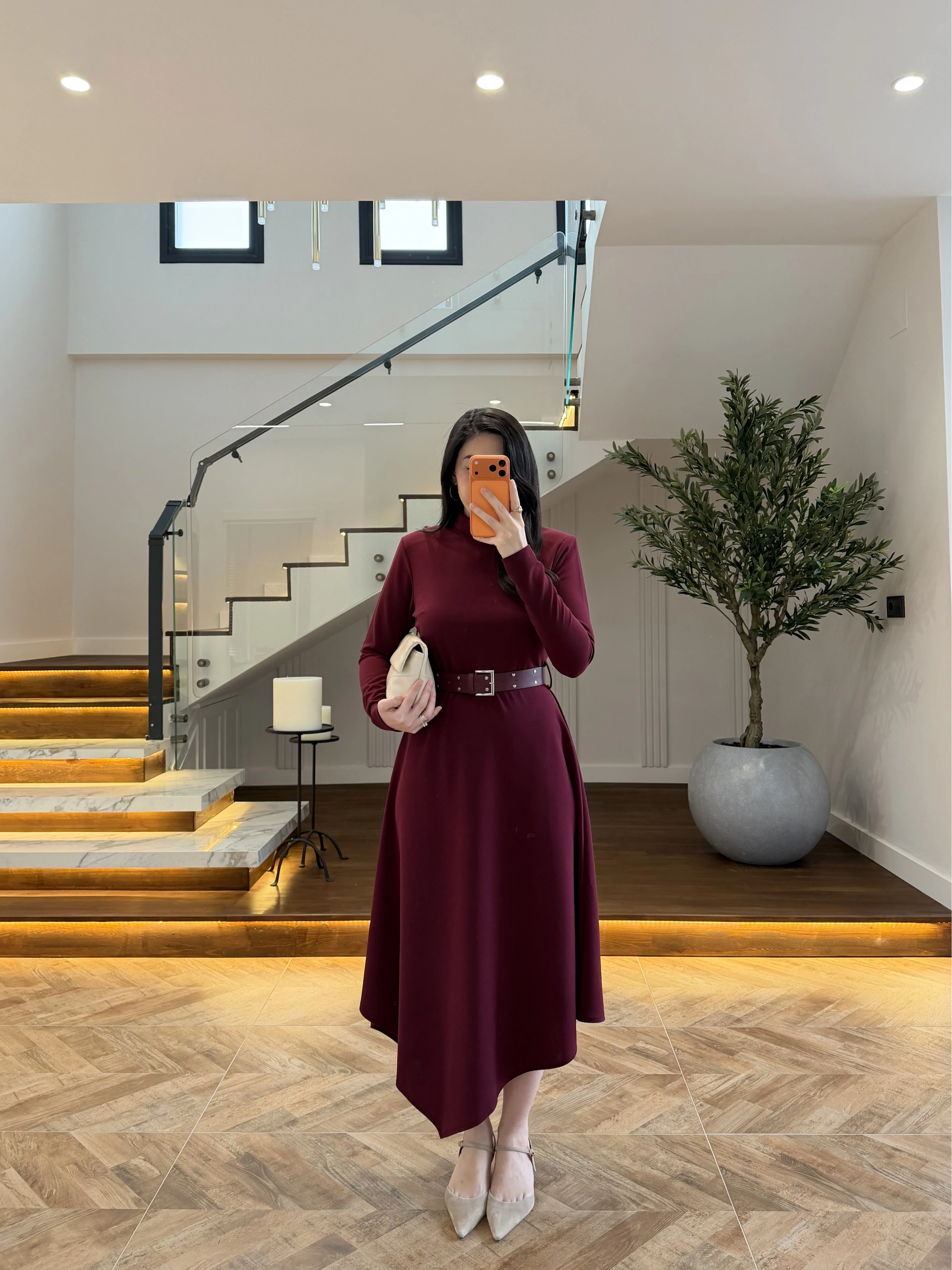 BORDO KEMERLİ MİDİ ELBİSE-4228