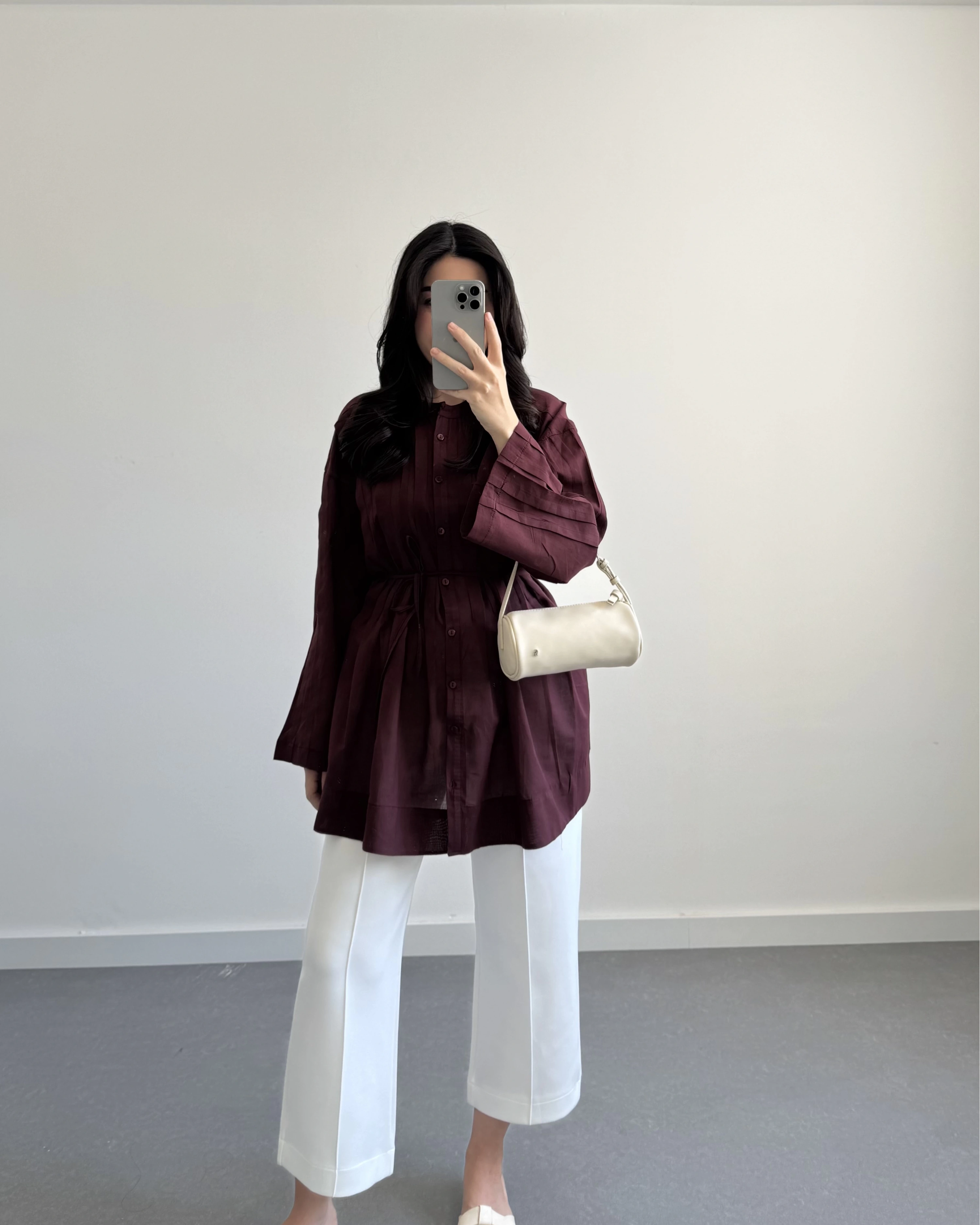 BORDO PAMUK VUAL KUŞAKLI GÖMLEK