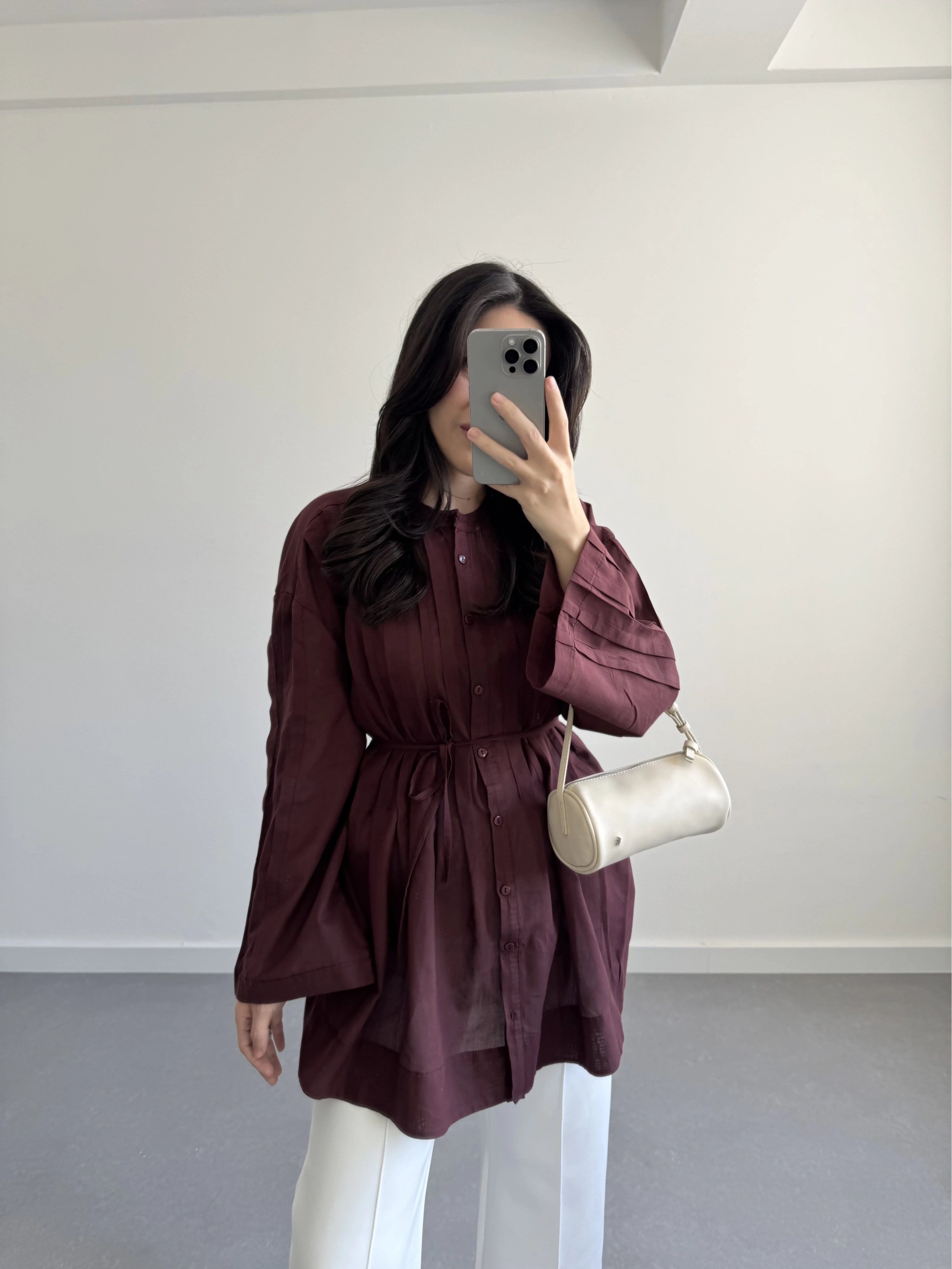 BORDO PAMUK VUAL KUŞAKLI GÖMLEK