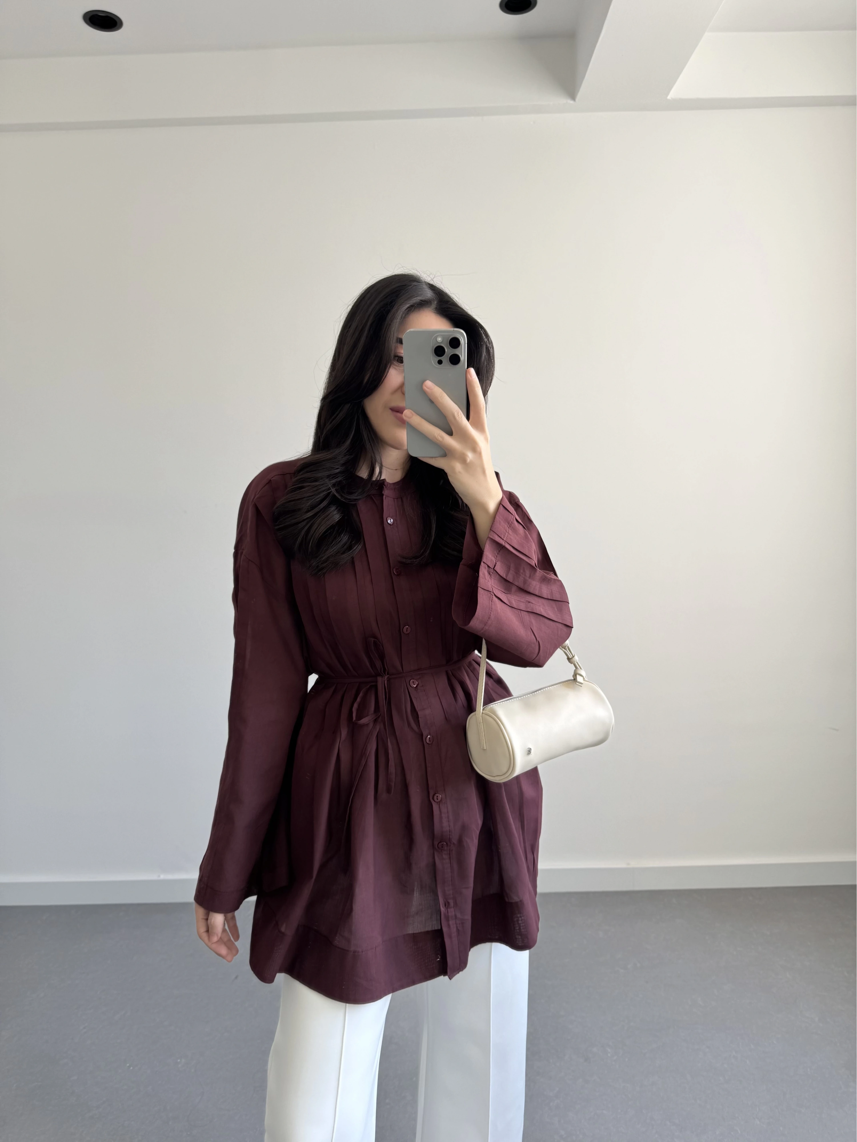 BORDO PAMUK VUAL KUŞAKLI GÖMLEK