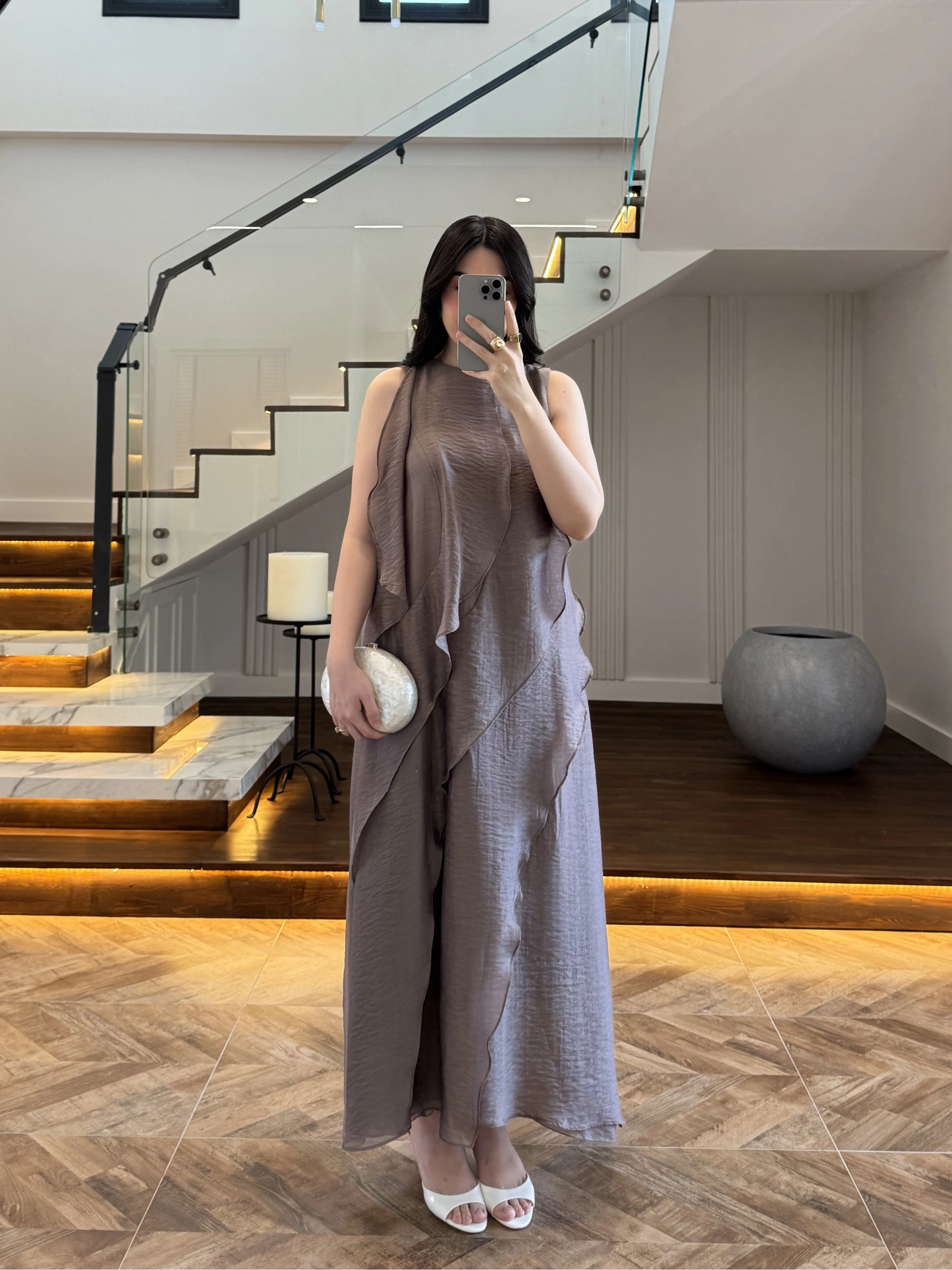 BRONZ FIRFIRLI UZUN ELBİSE-3450