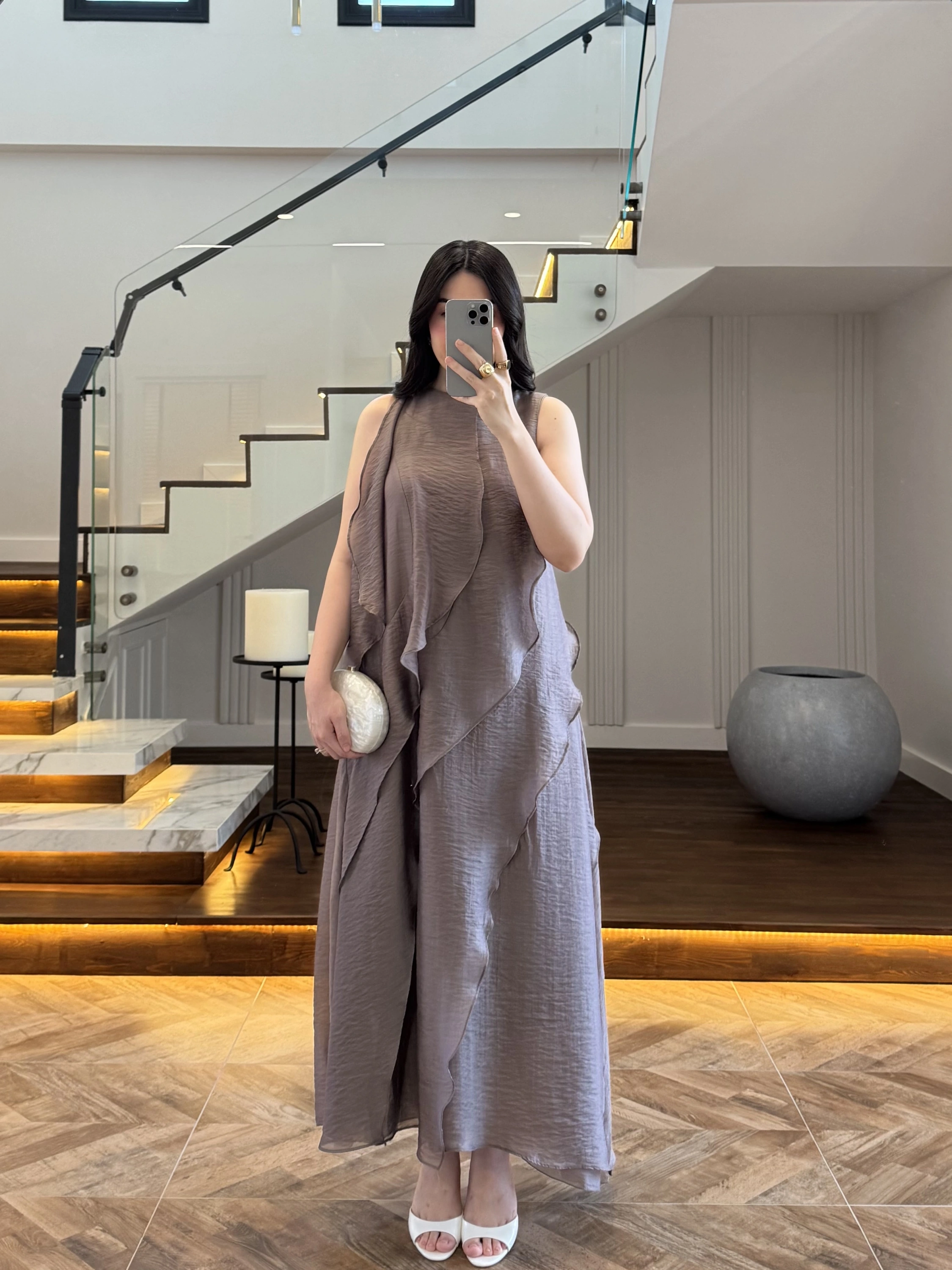BRONZ FIRFIRLI UZUN ELBİSE-3450