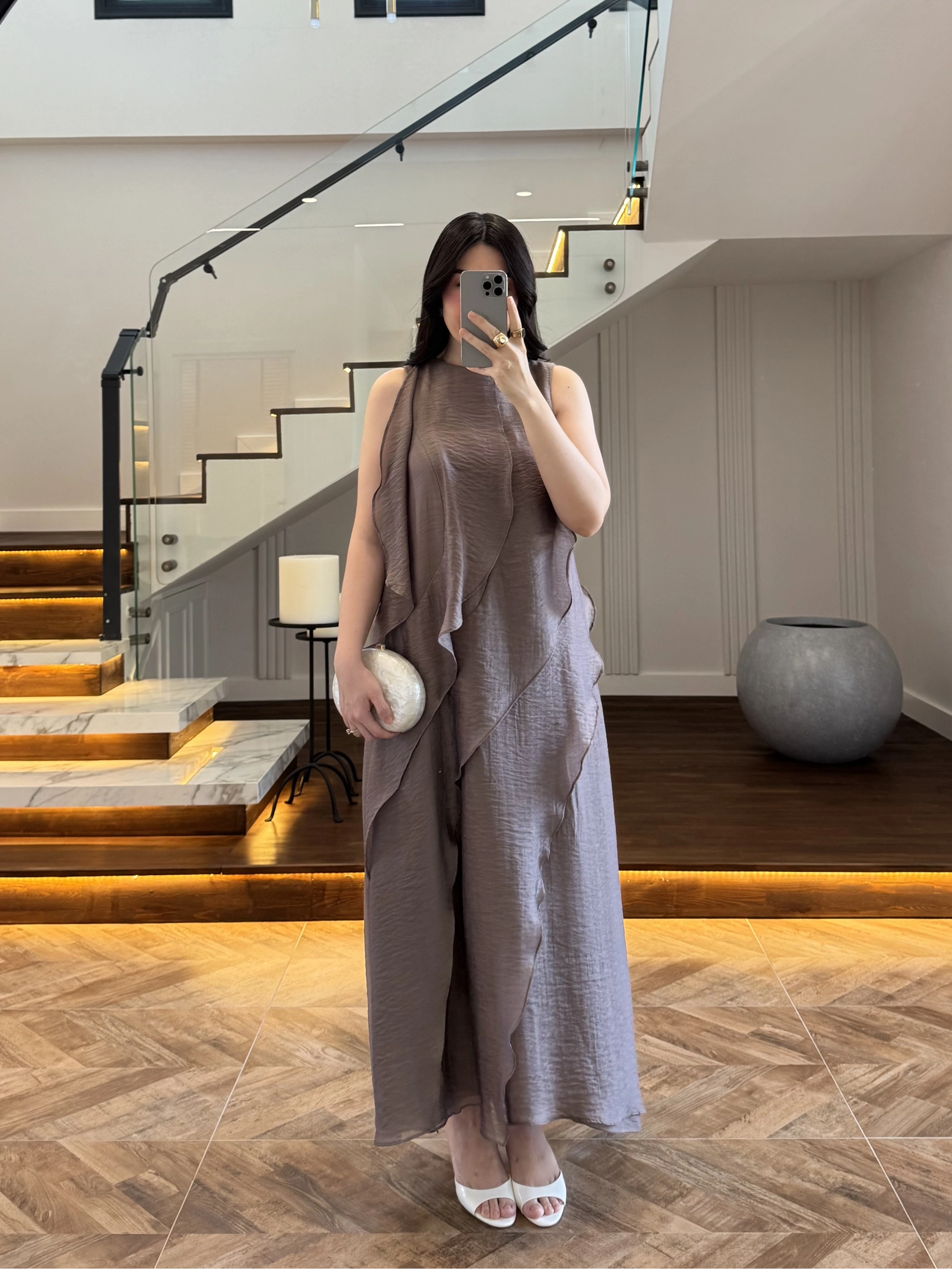 BRONZ FIRFIRLI UZUN ELBİSE-3450
