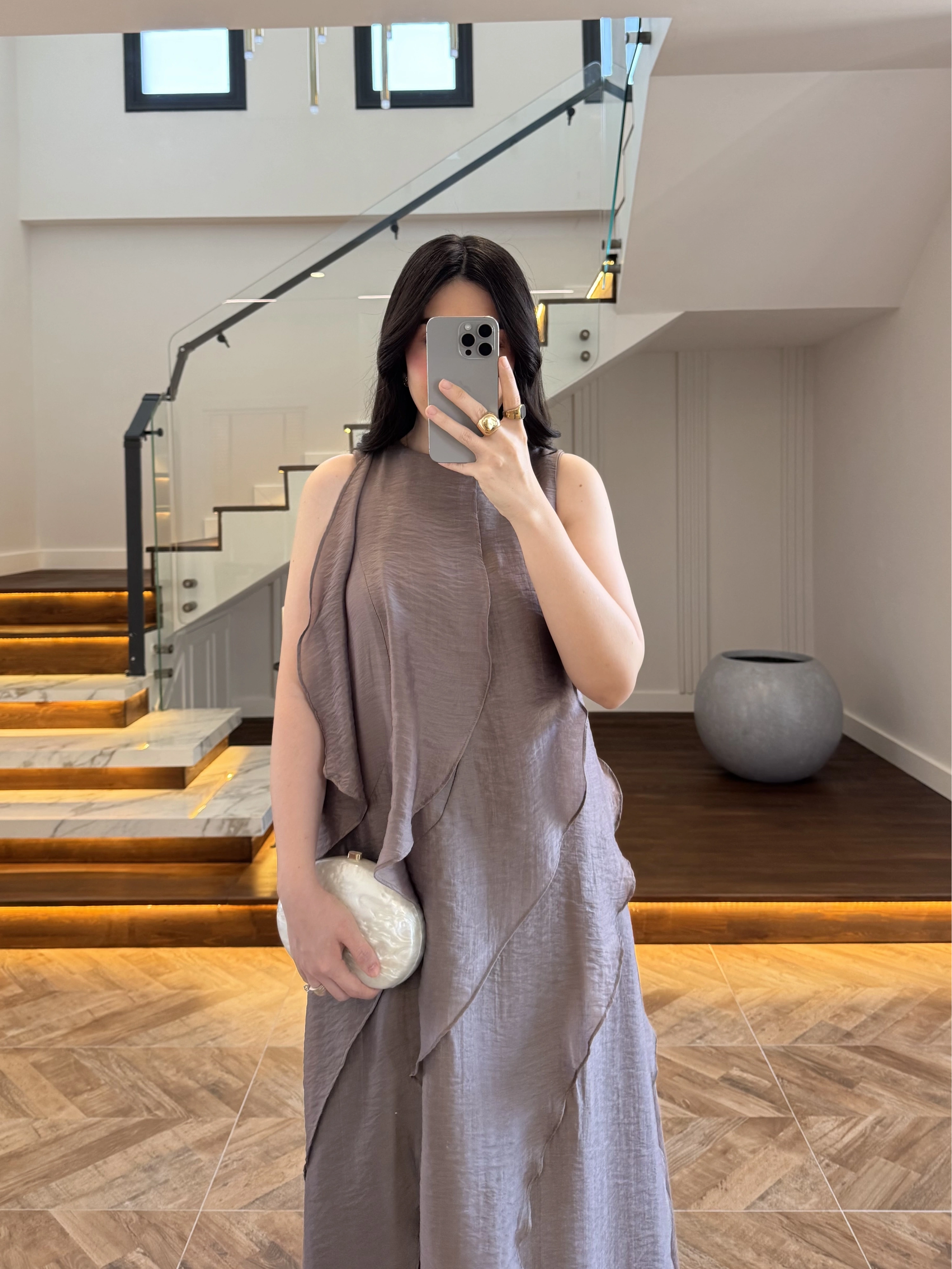 BRONZ FIRFIRLI UZUN ELBİSE-3450