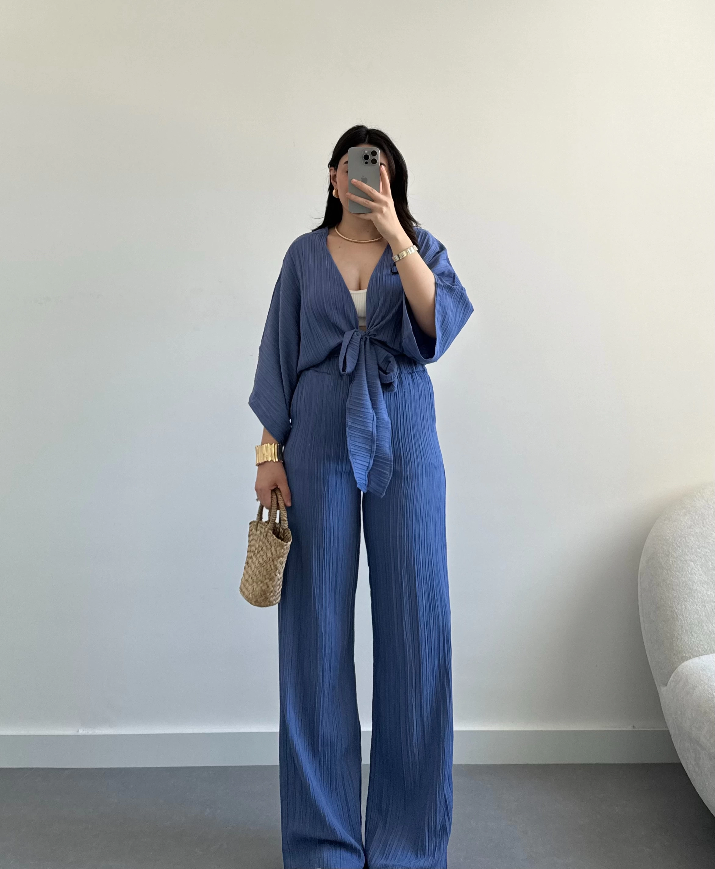 Dolly mavi crop kimono takım