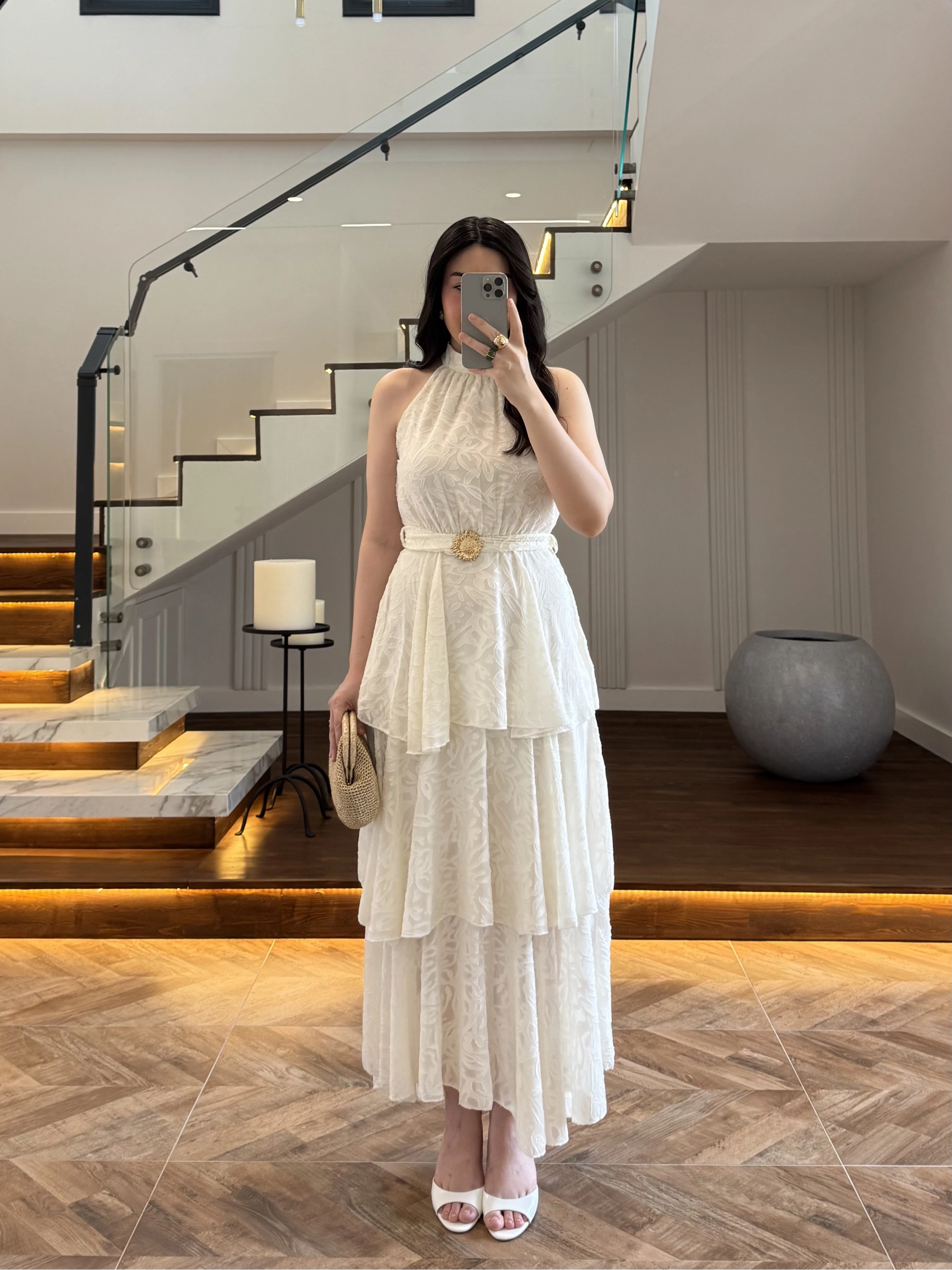 EKRU KEMERLİ KAT KAT ELBİSE -4098