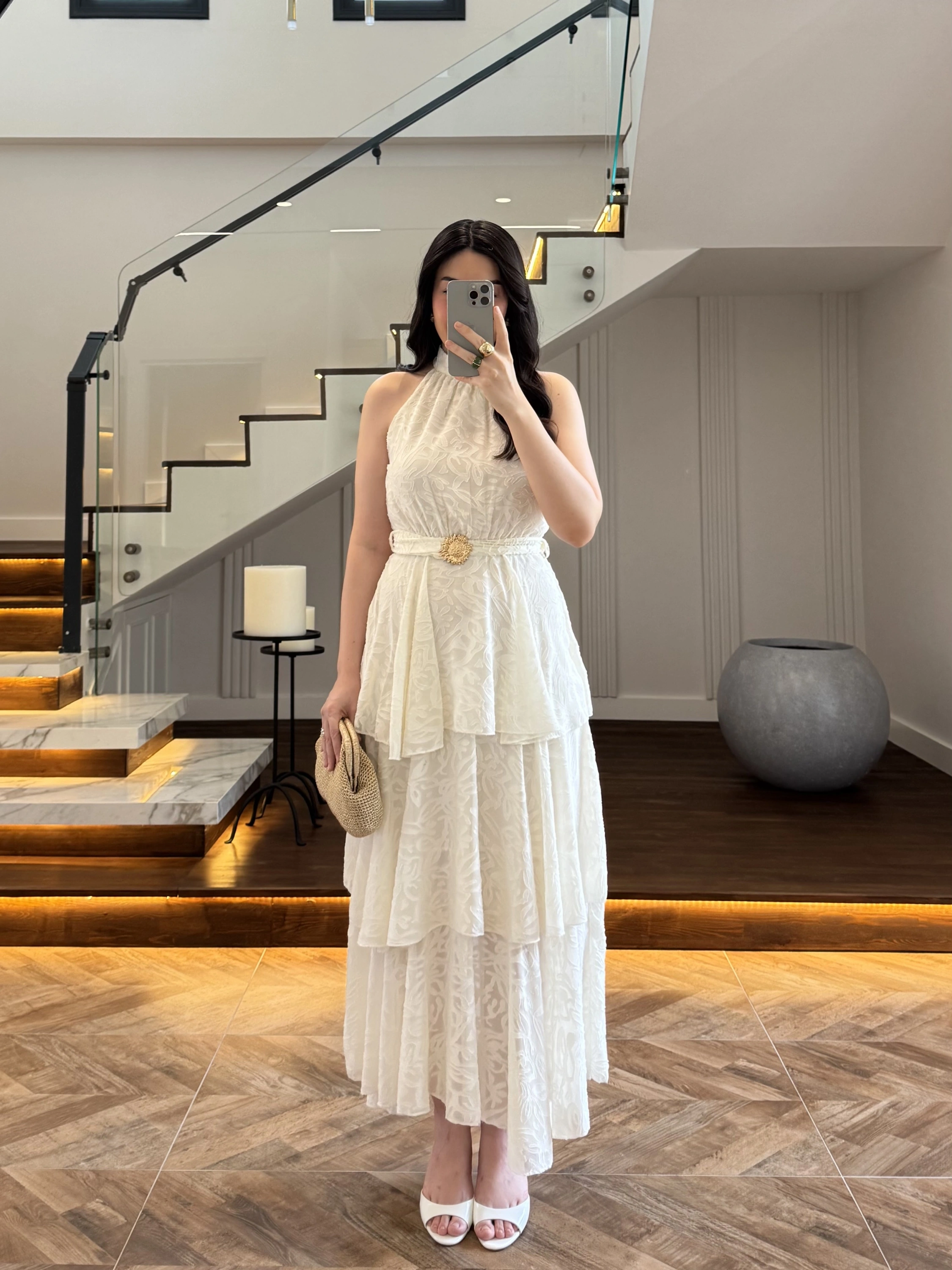 EKRU KEMERLİ KAT KAT ELBİSE -4098