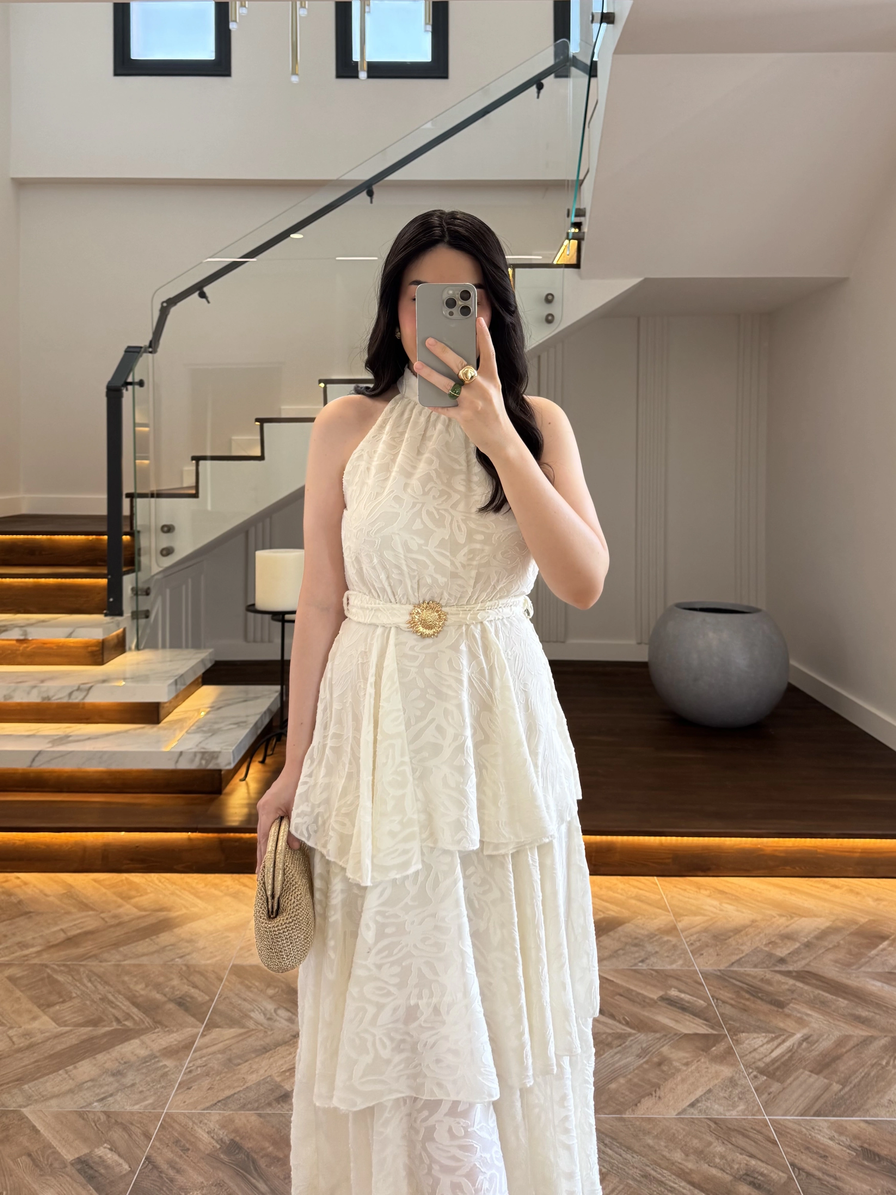 EKRU KEMERLİ KAT KAT ELBİSE -4098