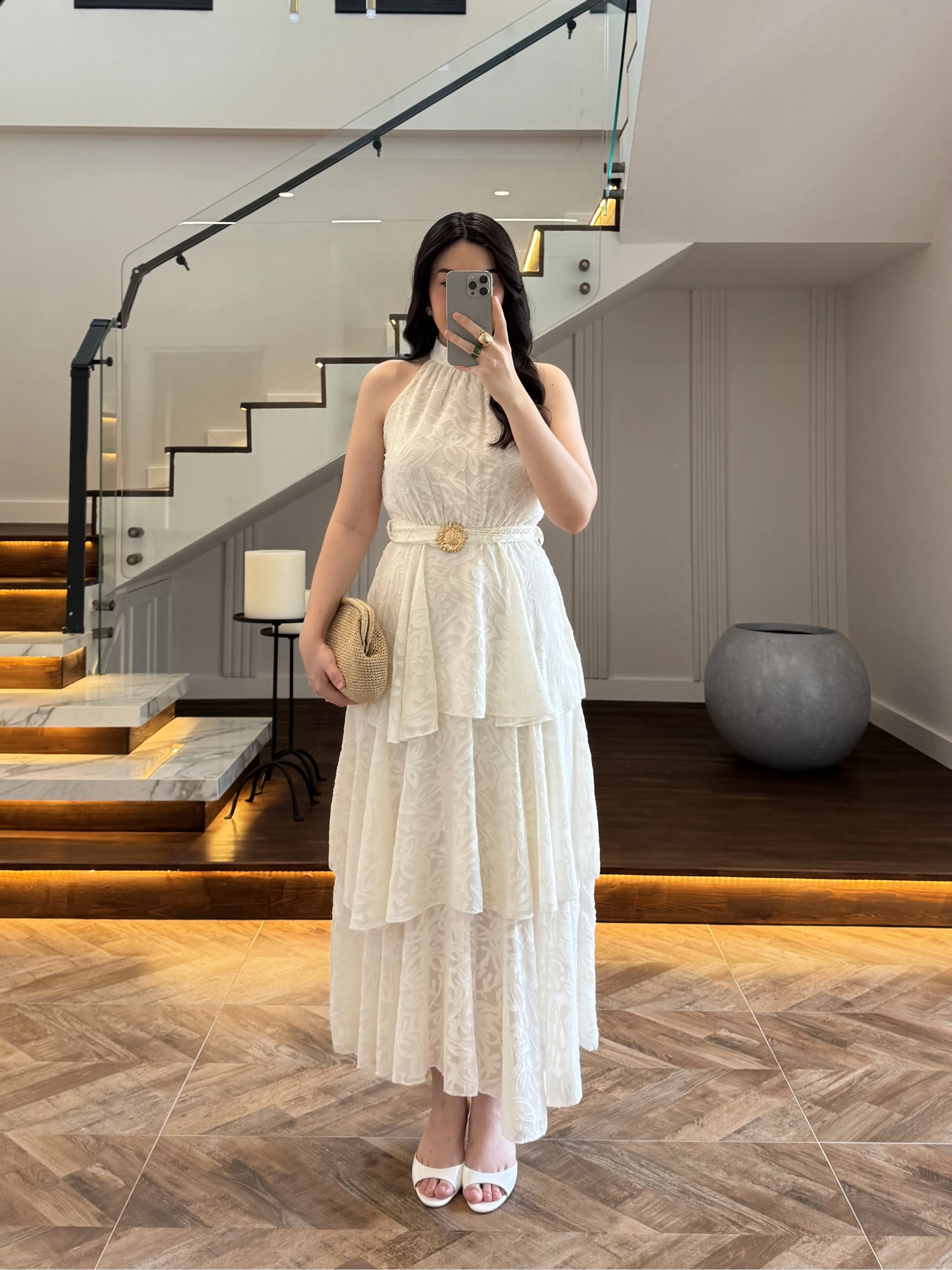 EKRU KEMERLİ KAT KAT ELBİSE -4098