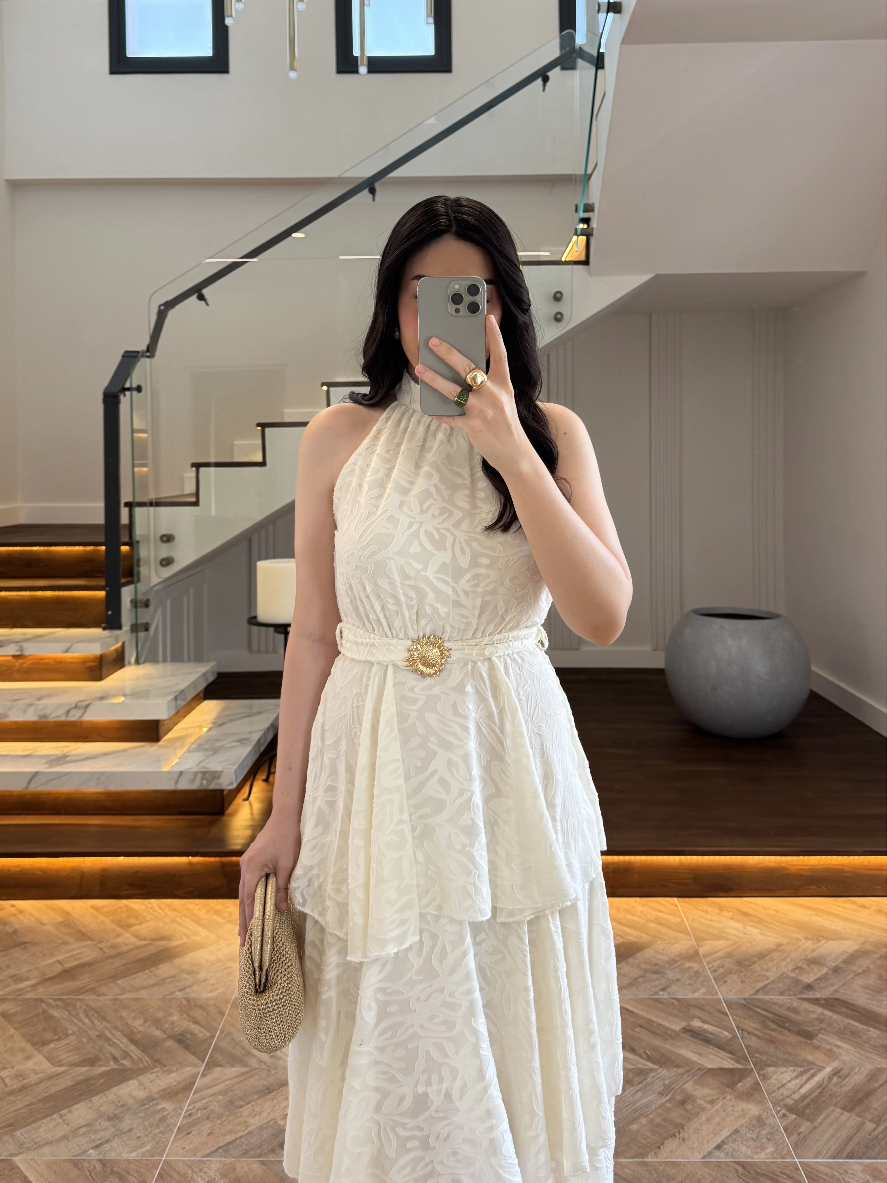 EKRU KEMERLİ KAT KAT ELBİSE -4098