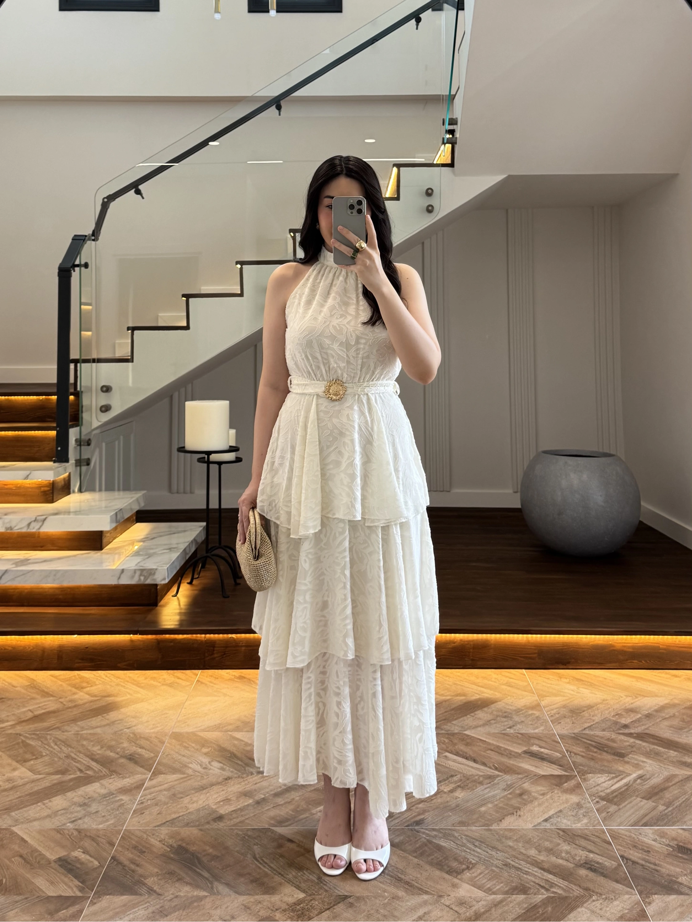 EKRU KEMERLİ KAT KAT ELBİSE -4098