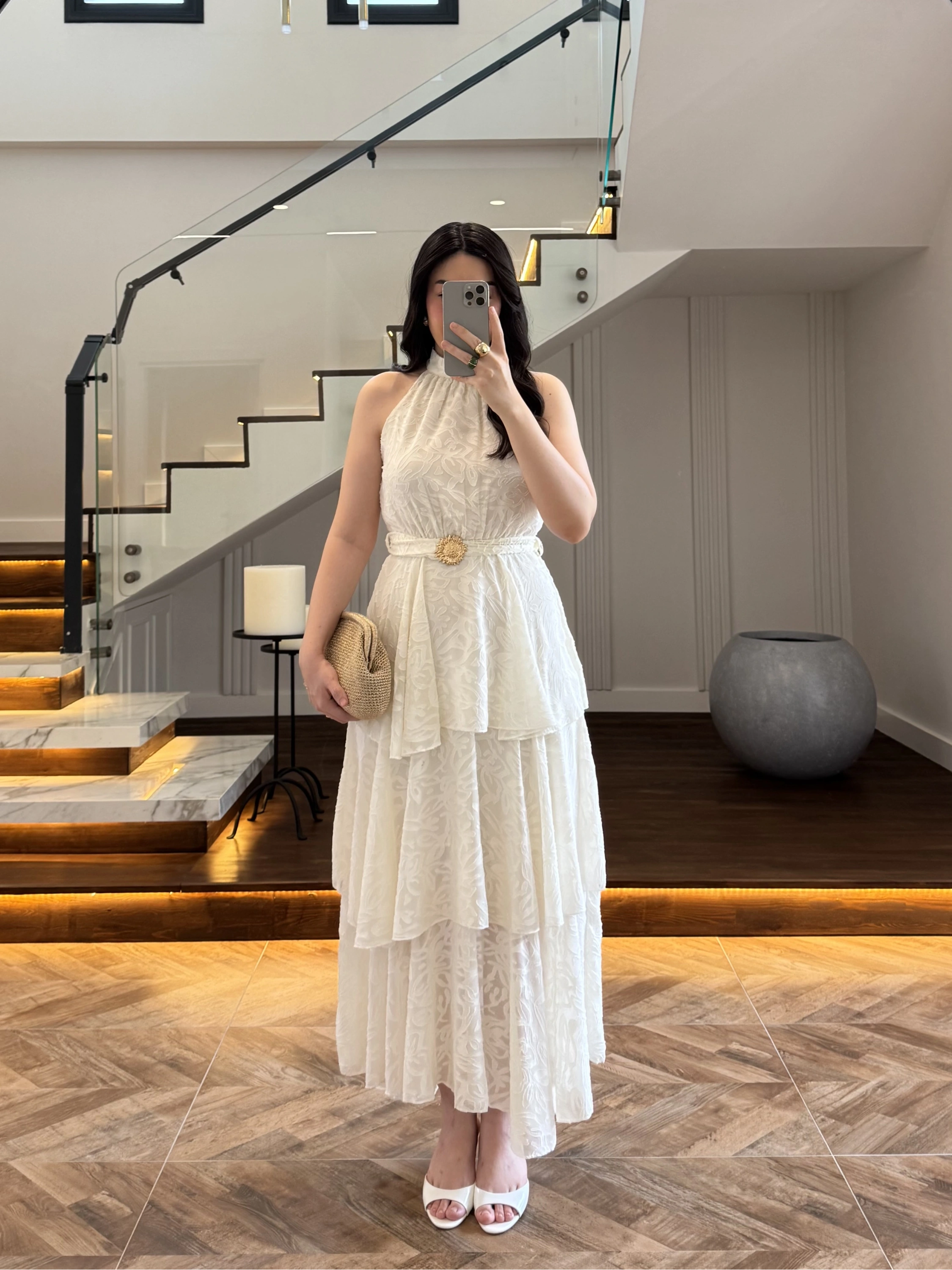 EKRU KEMERLİ KAT KAT ELBİSE -4098
