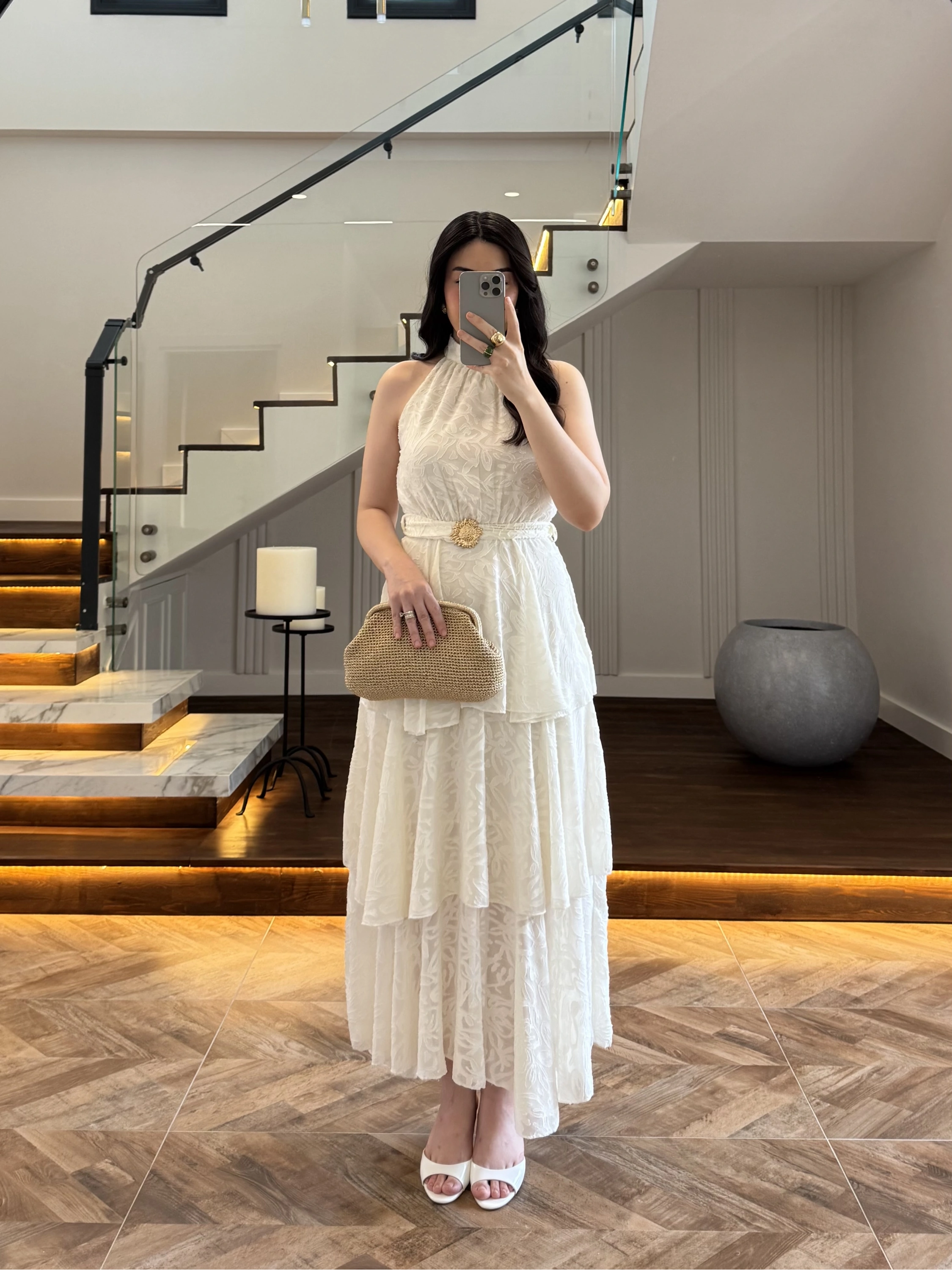 EKRU KEMERLİ KAT KAT ELBİSE -4098