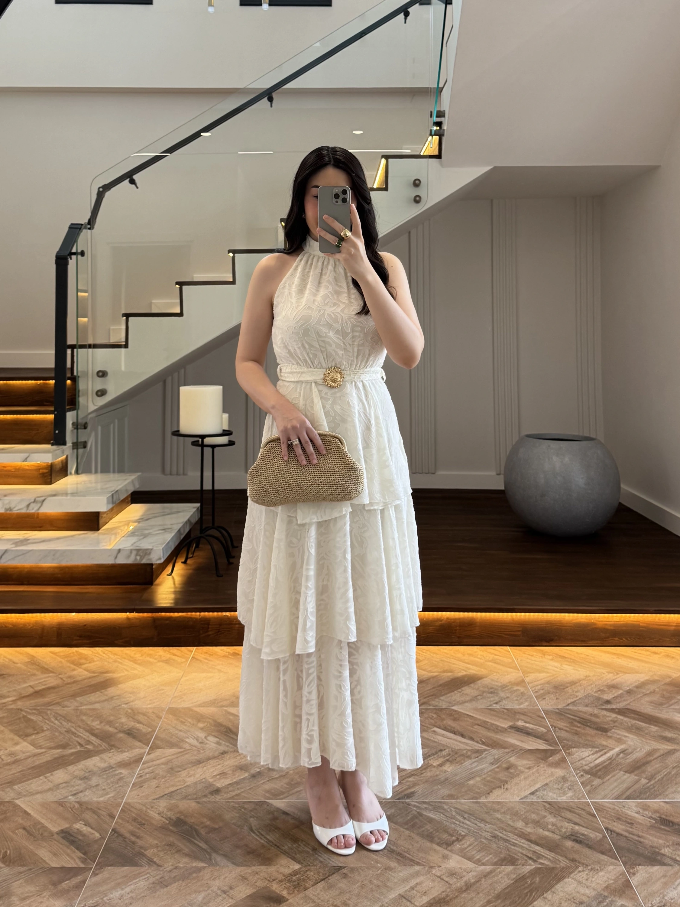 EKRU KEMERLİ KAT KAT ELBİSE -4098