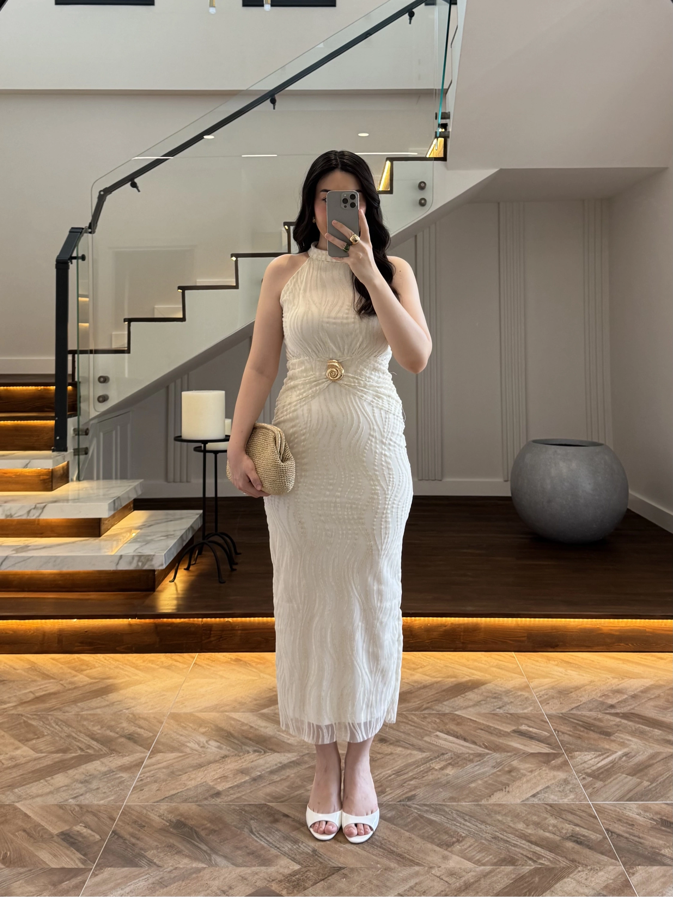 EKRU SİMLİ GOLD AKSESURALI ELBİSE-4023