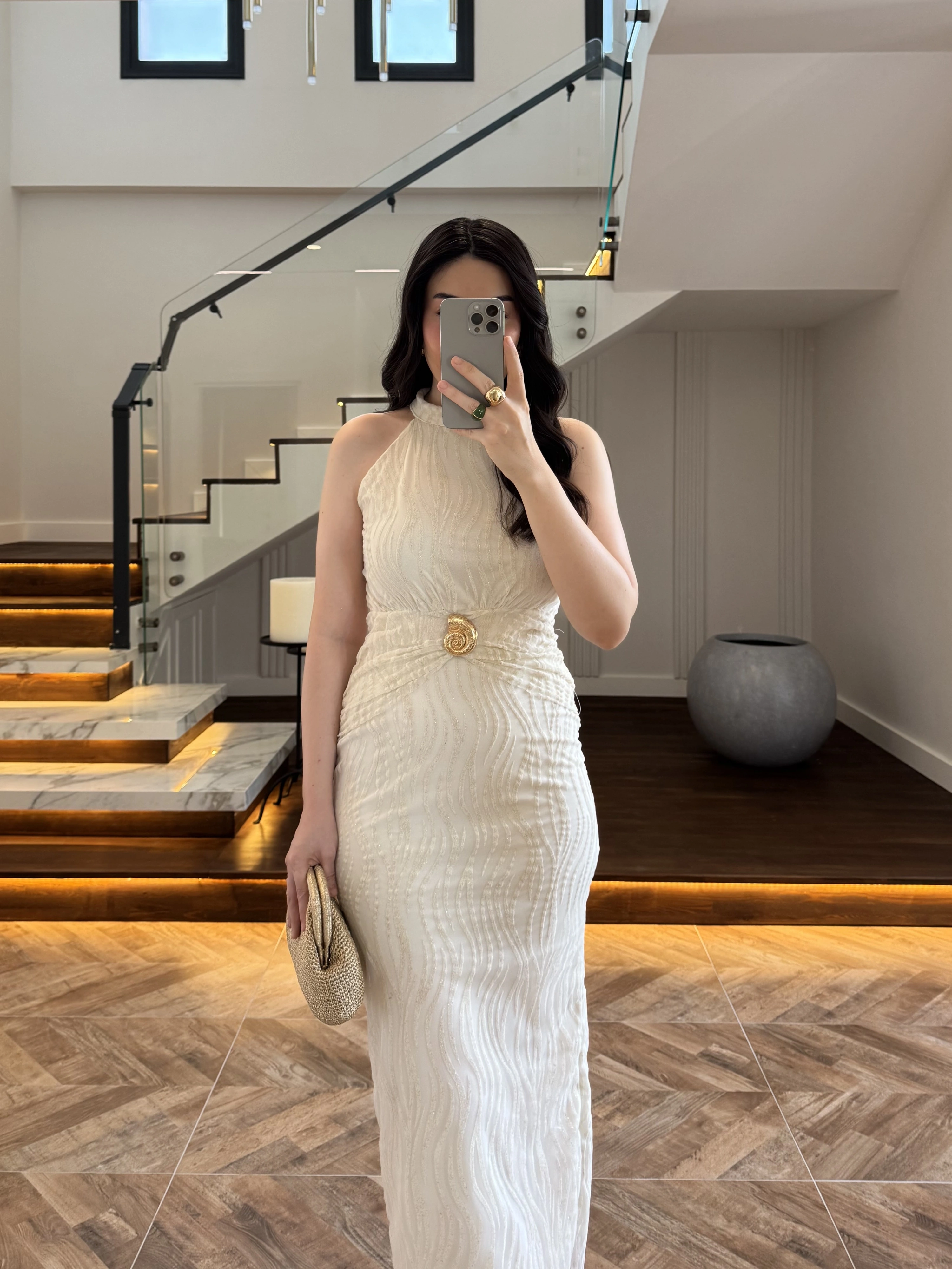 EKRU SİMLİ GOLD AKSESURALI ELBİSE-4023