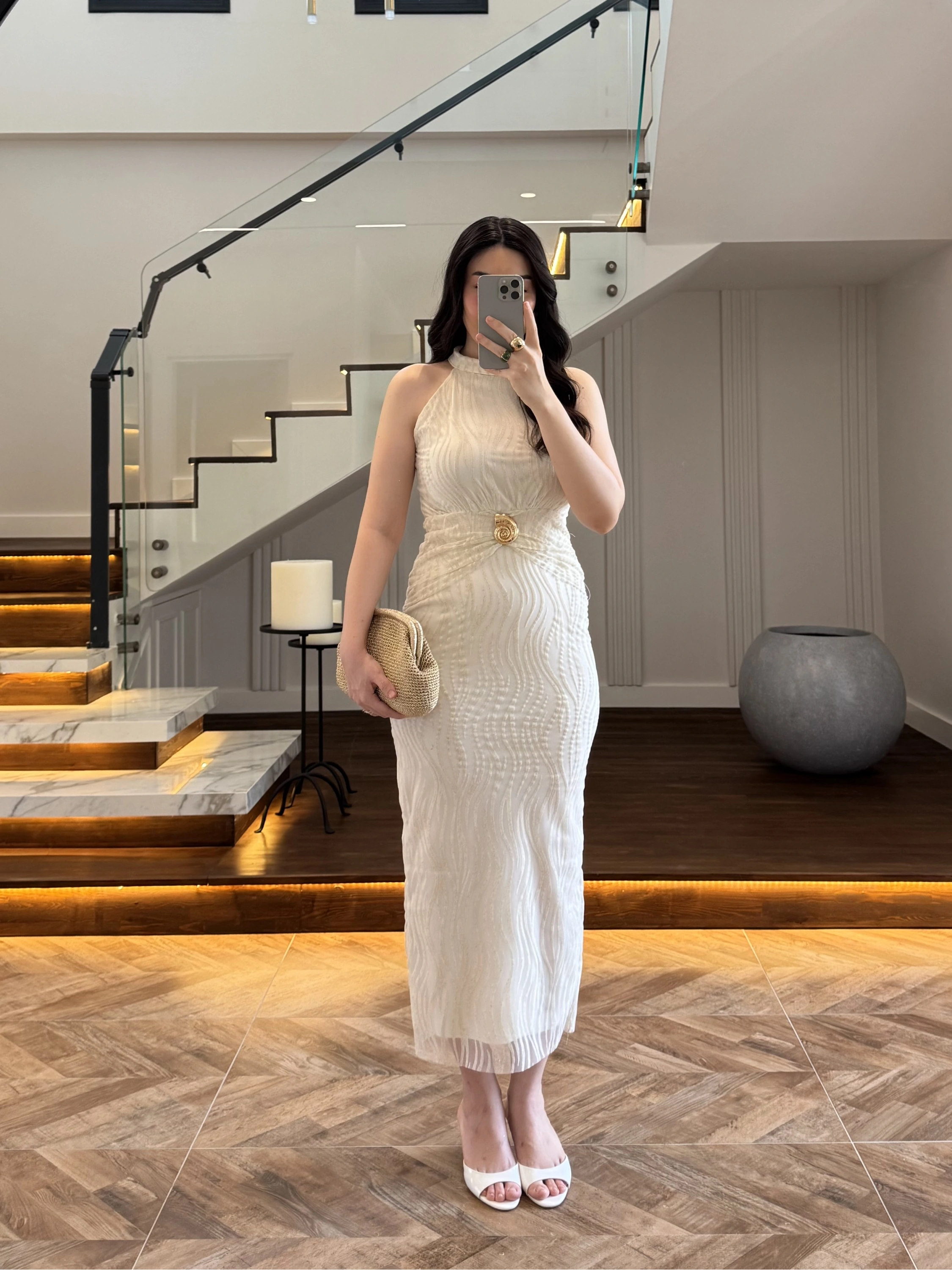 EKRU SİMLİ GOLD AKSESURALI ELBİSE-4023