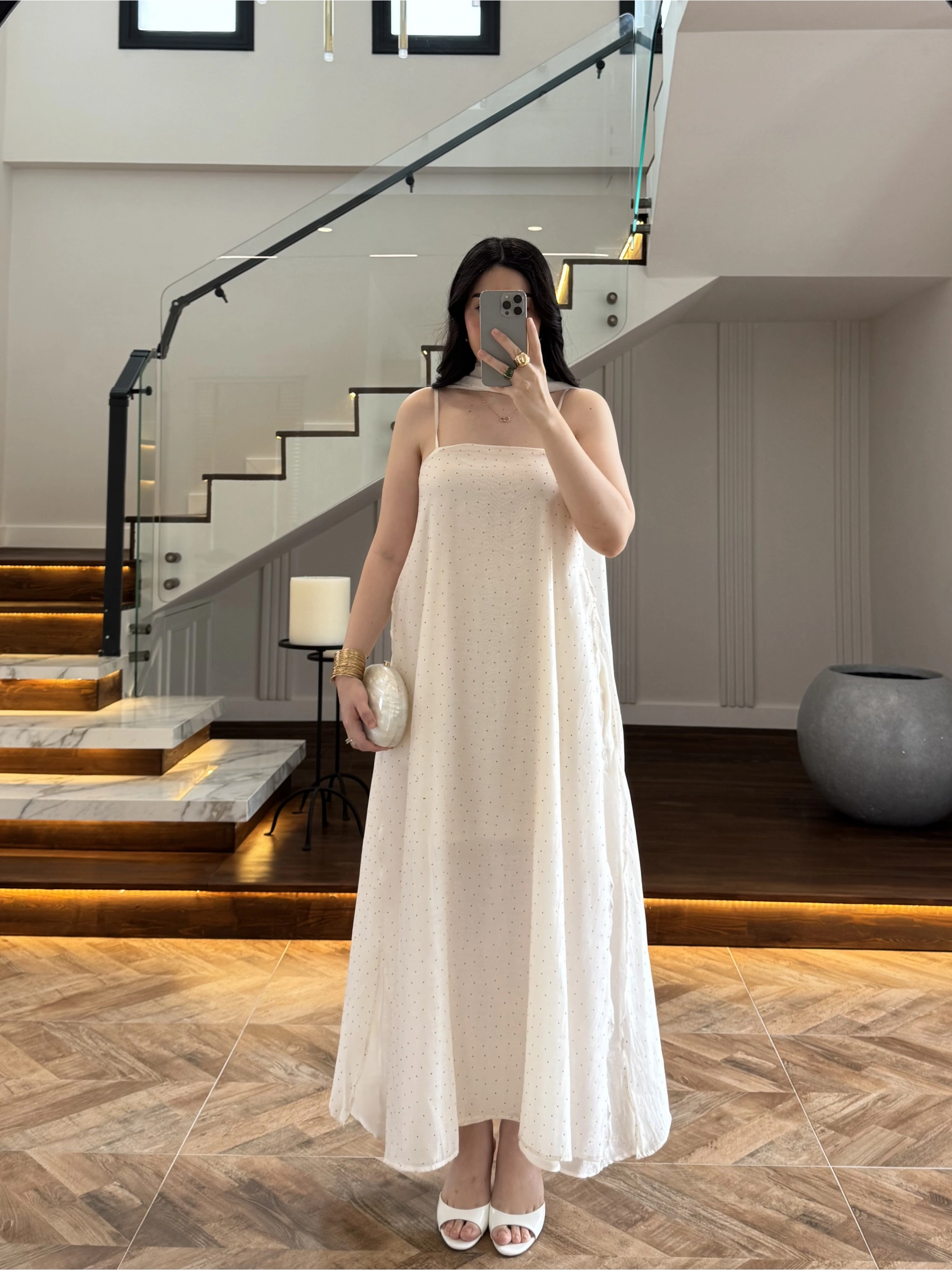 EKRU TAŞLI FULARLI ELBİSE -3458