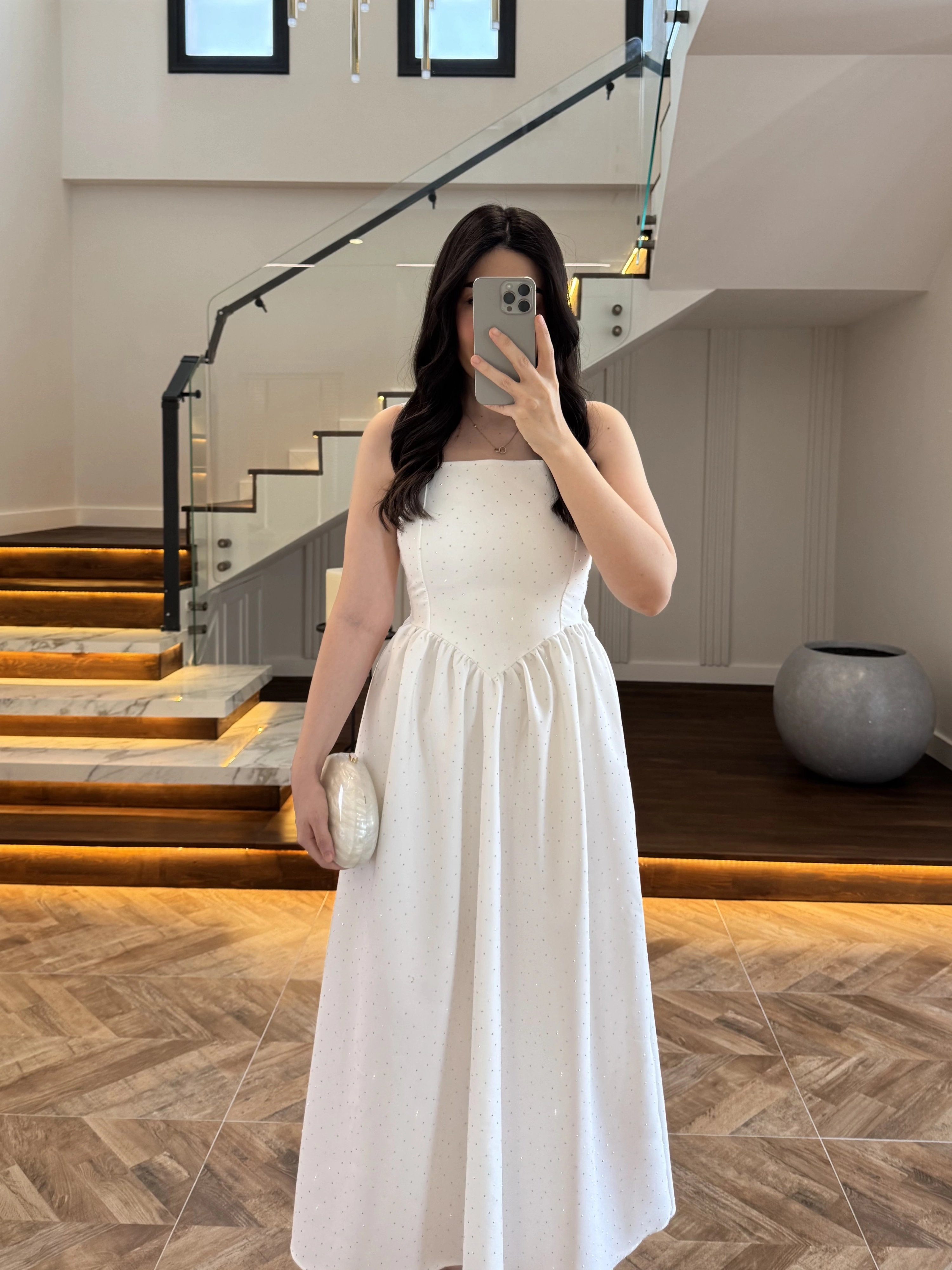 EKRU TAŞLI KUŞAKLI ELBİSE -3970