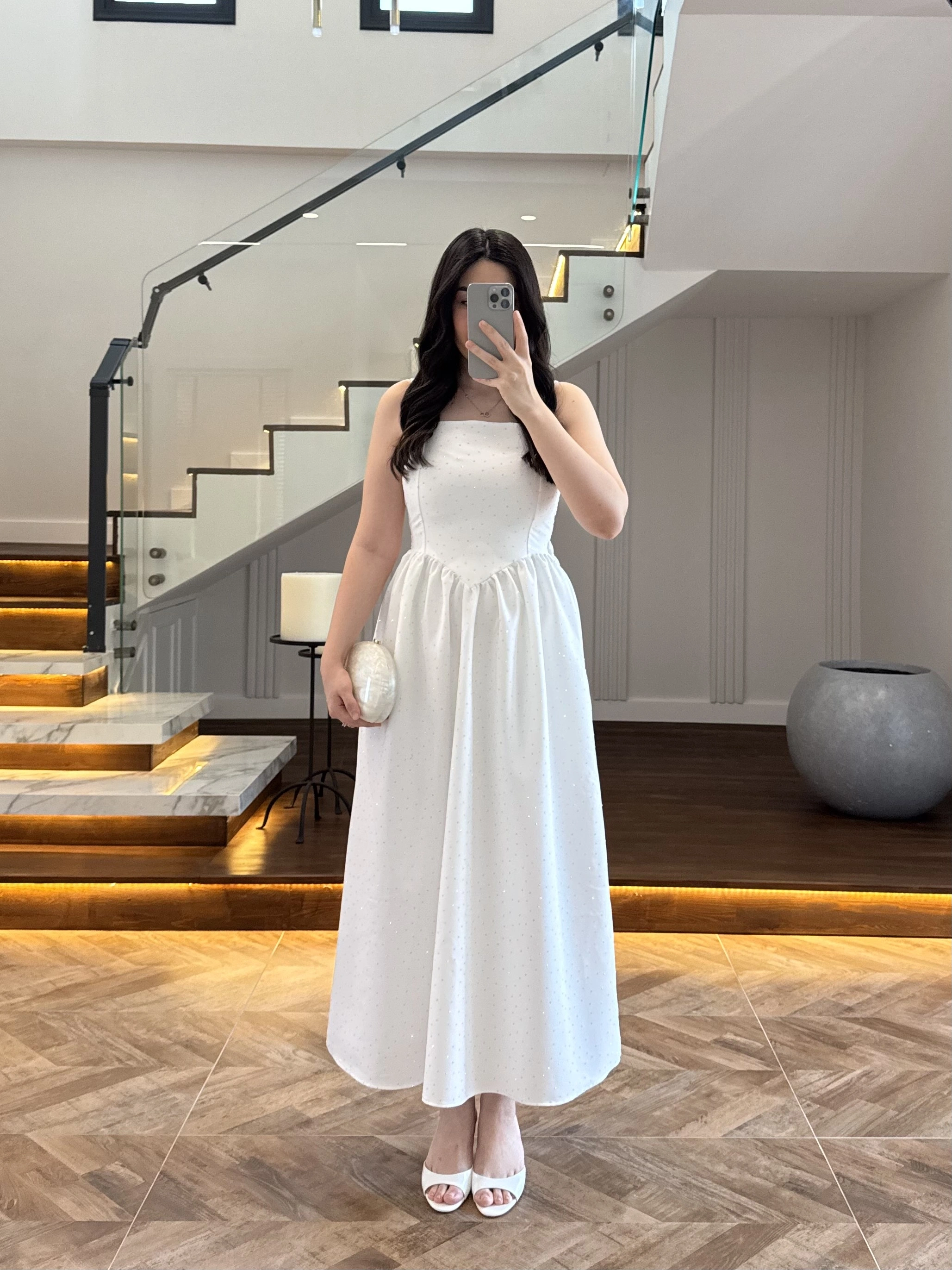 EKRU TAŞLI KUŞAKLI ELBİSE -3970