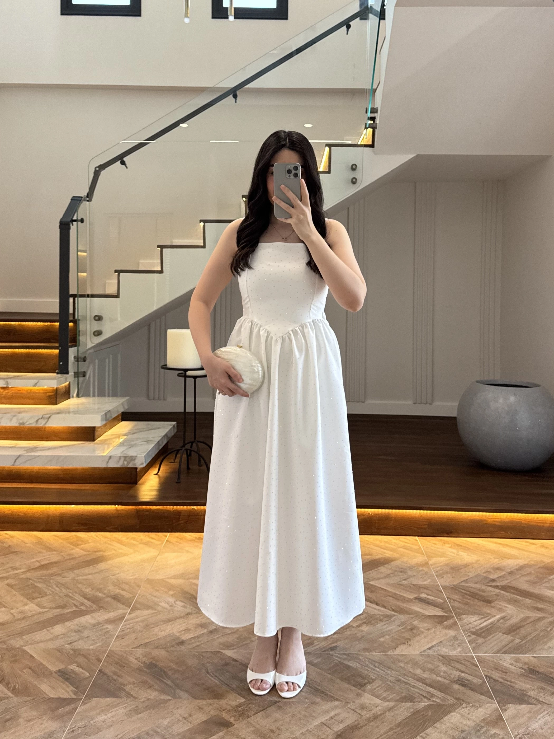 EKRU TAŞLI KUŞAKLI ELBİSE -3970