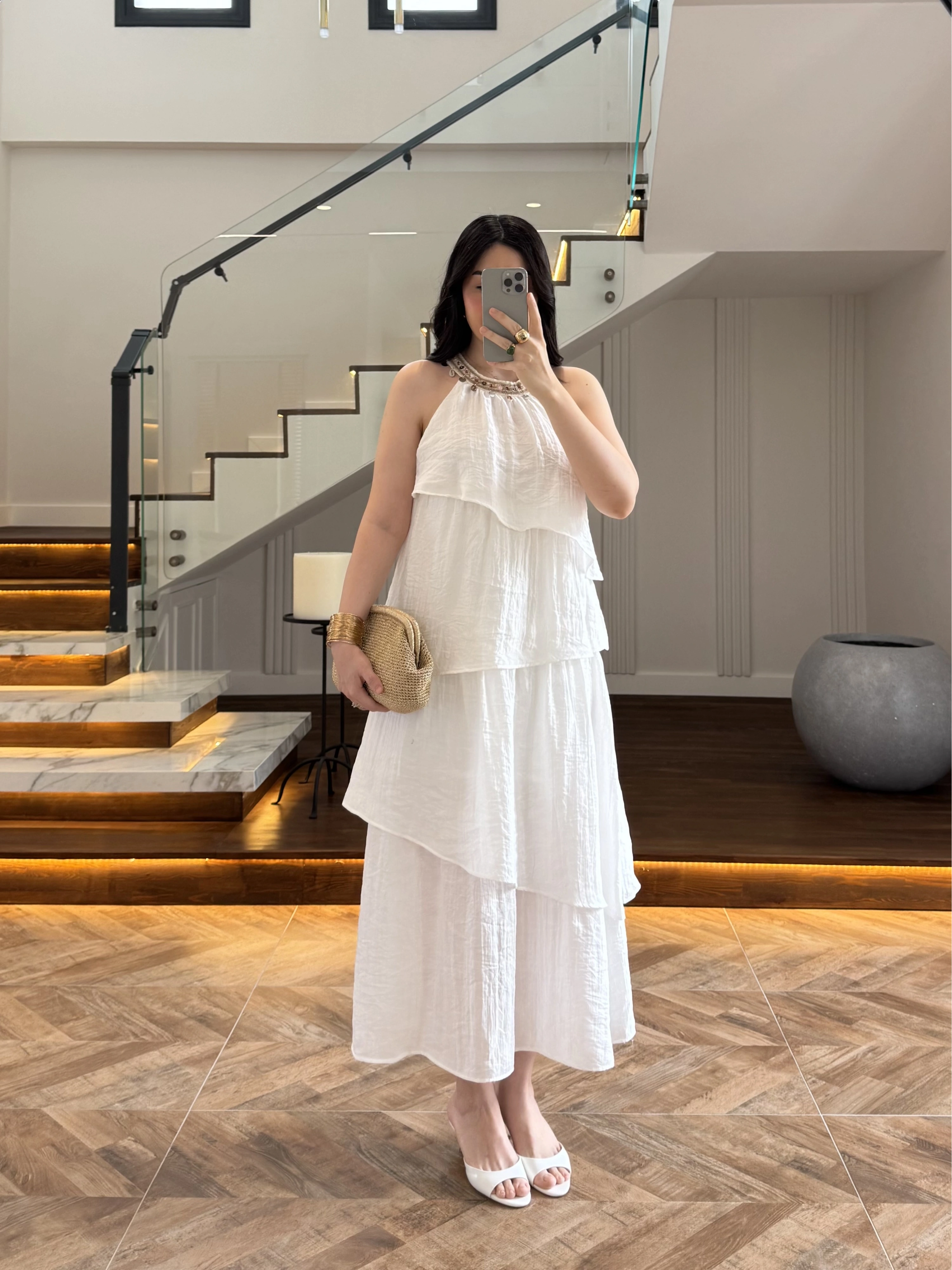 EKRU YAKA İŞLEME DETAYLI ELBİSE-3454