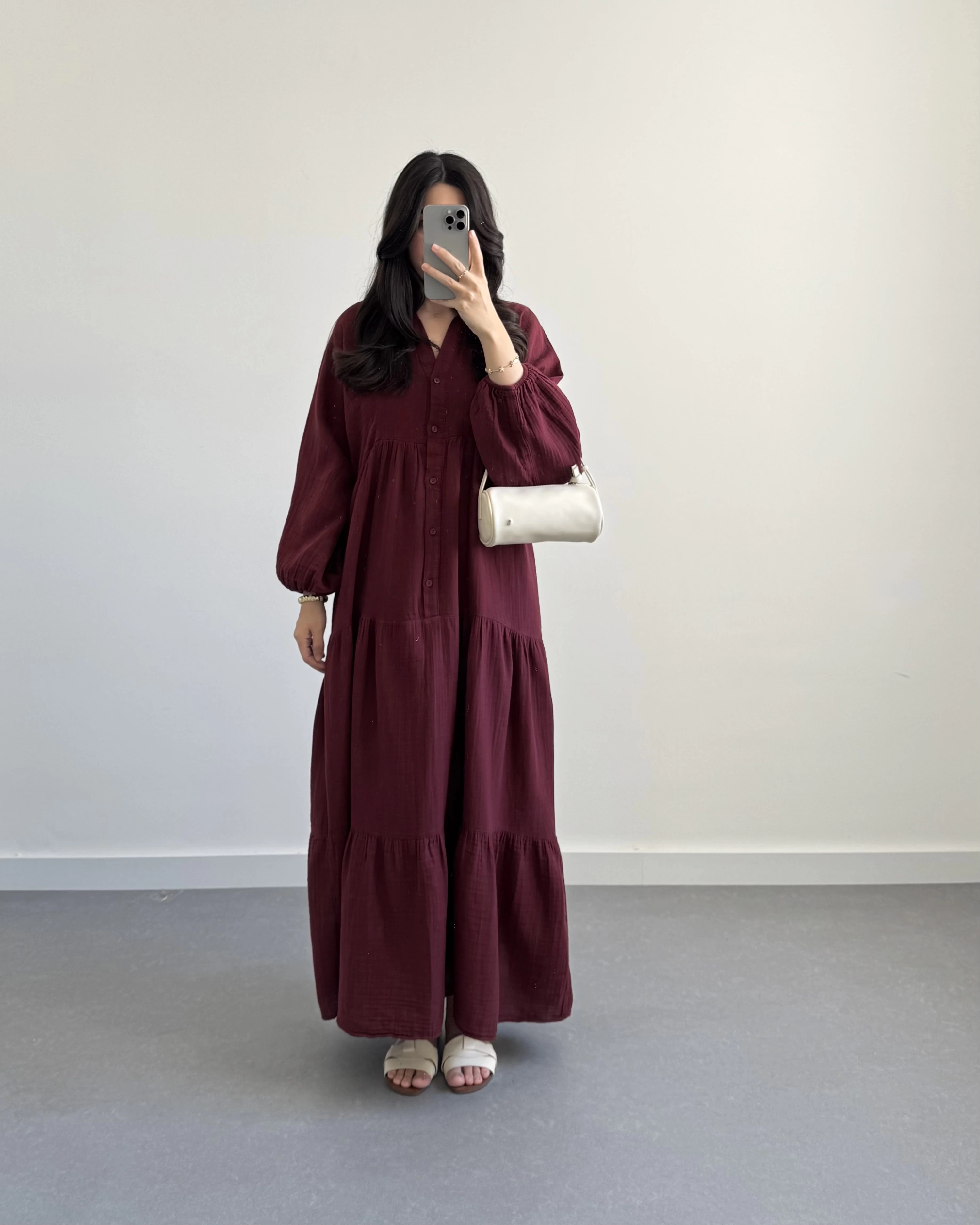 ELETA BORDO MÜSLİN UZUN ELBİSE