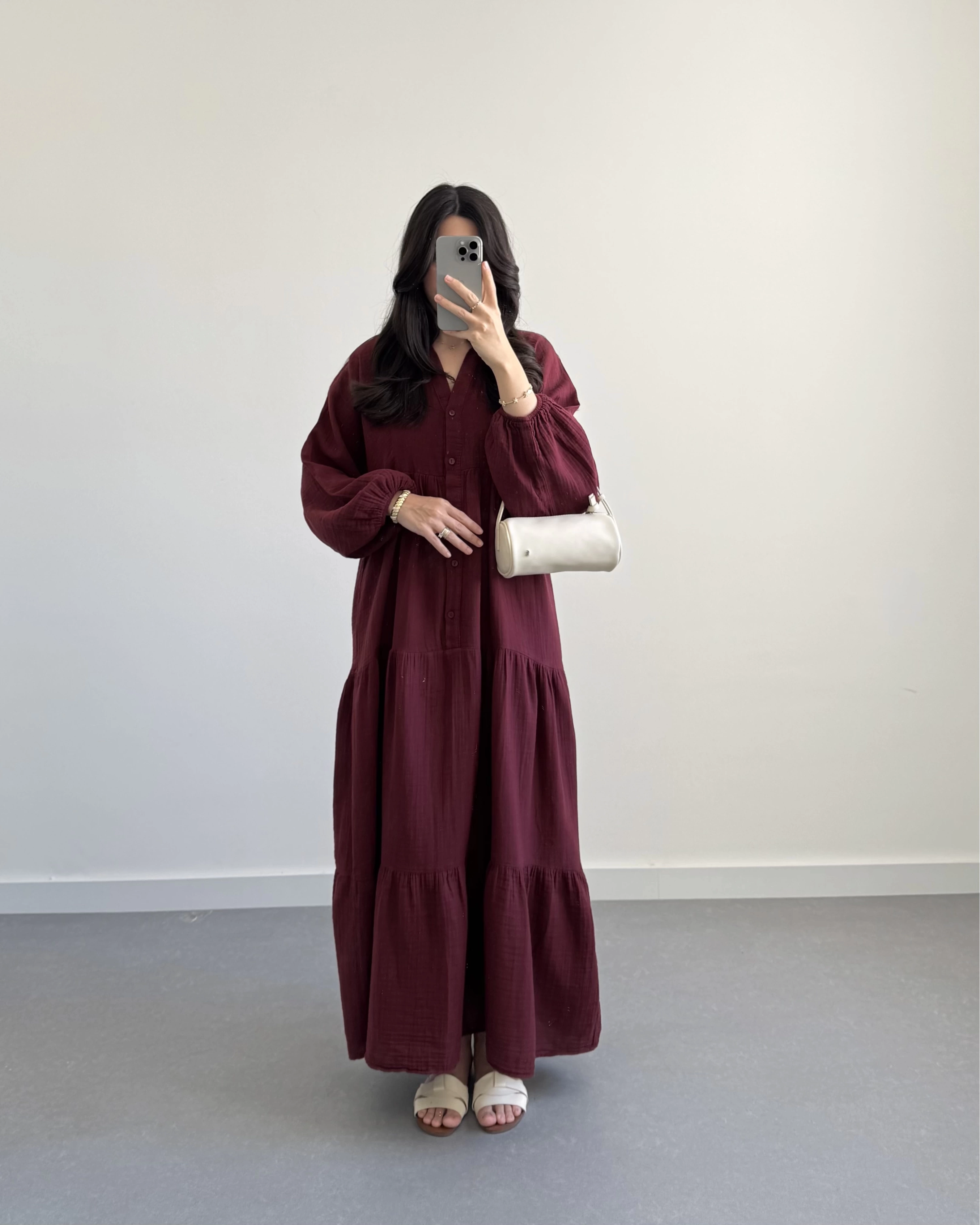 ELETA BORDO MÜSLİN UZUN ELBİSE