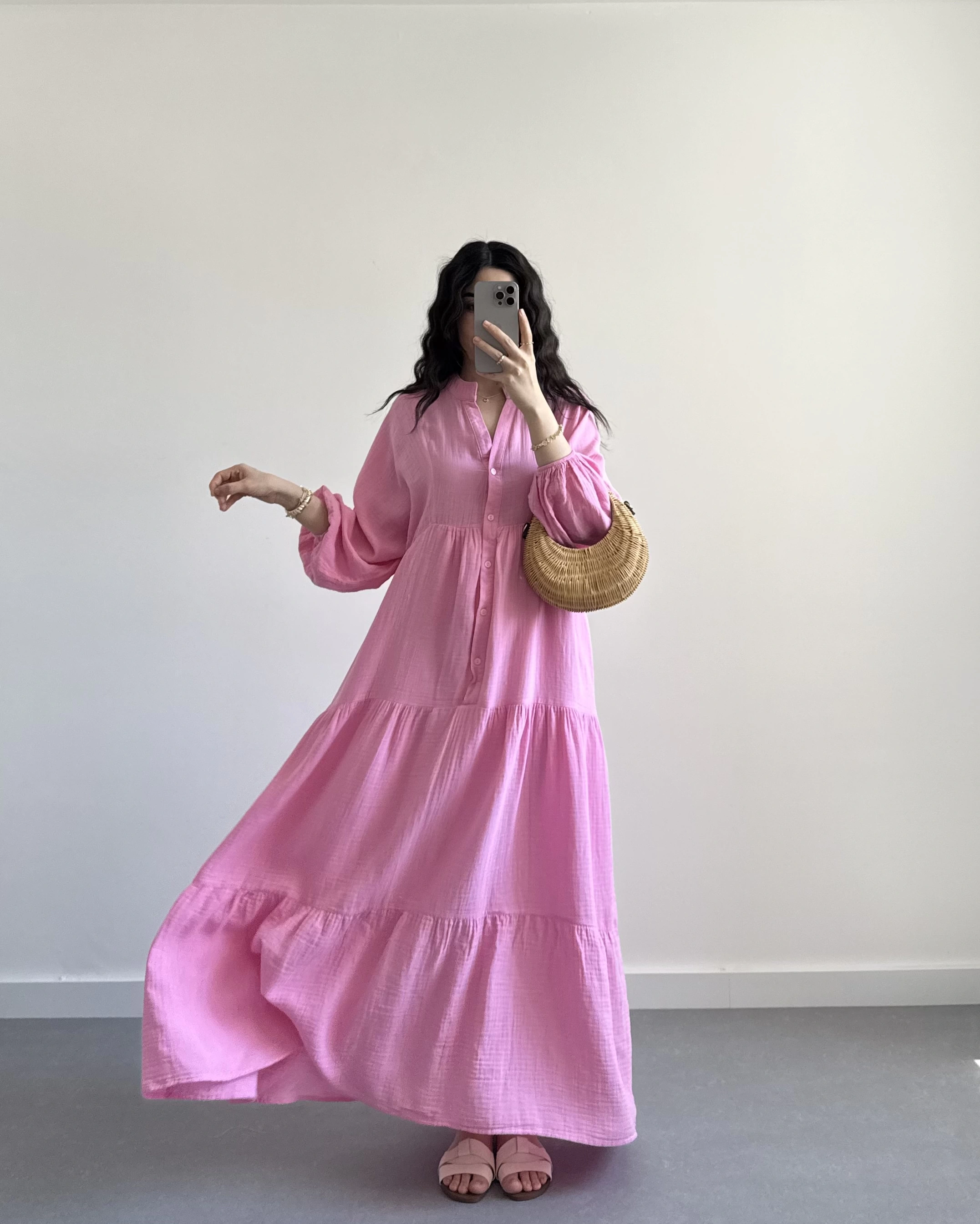 ELETA PEMBE MÜSLİN UZUN ELBİSE