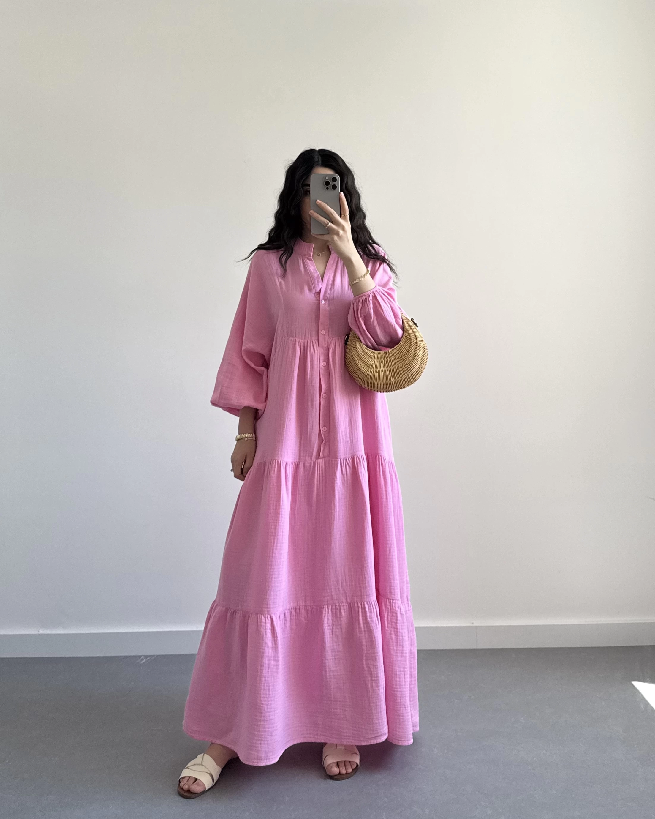 ELETA PEMBE MÜSLİN UZUN ELBİSE