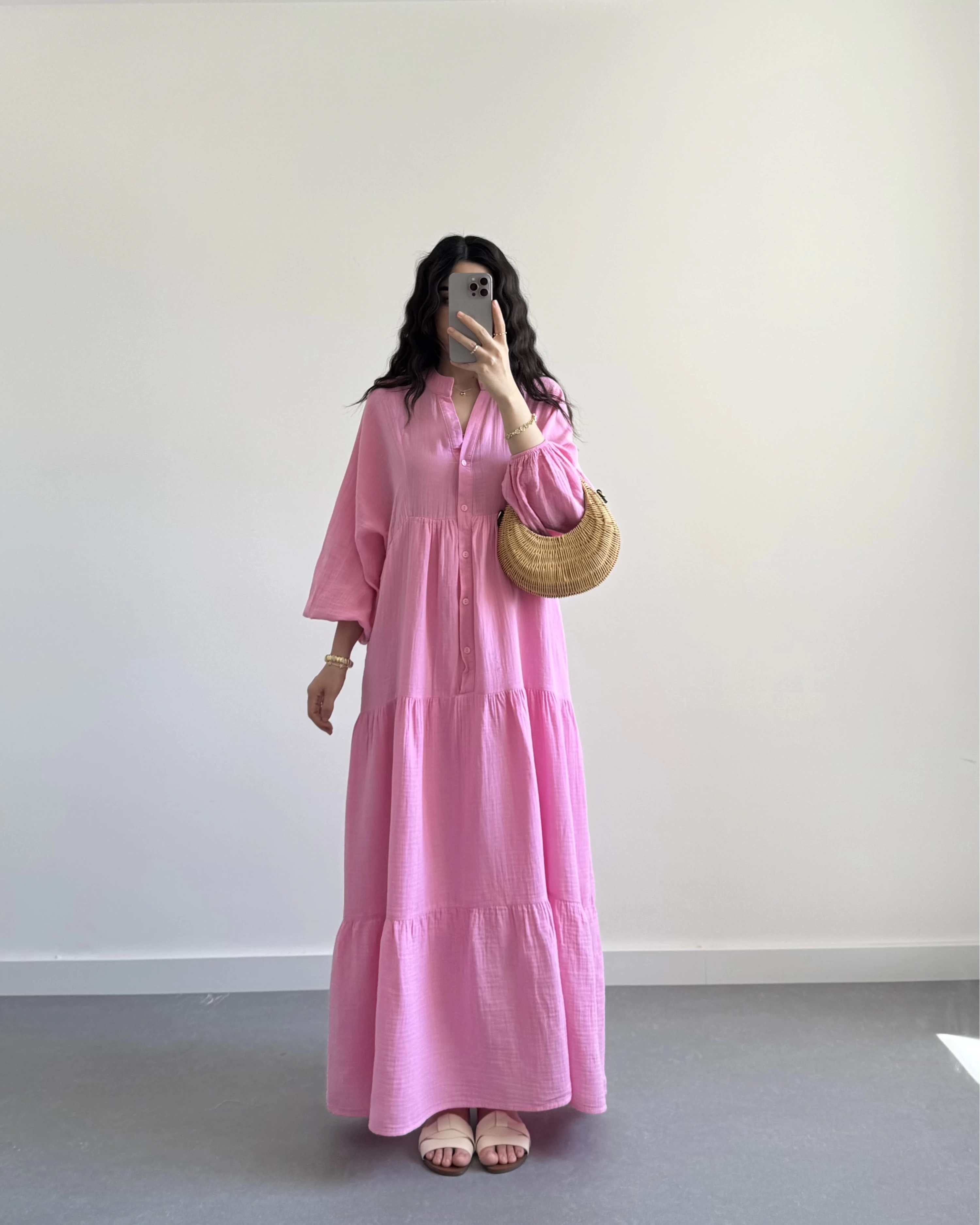 ELETA PEMBE MÜSLİN UZUN ELBİSE