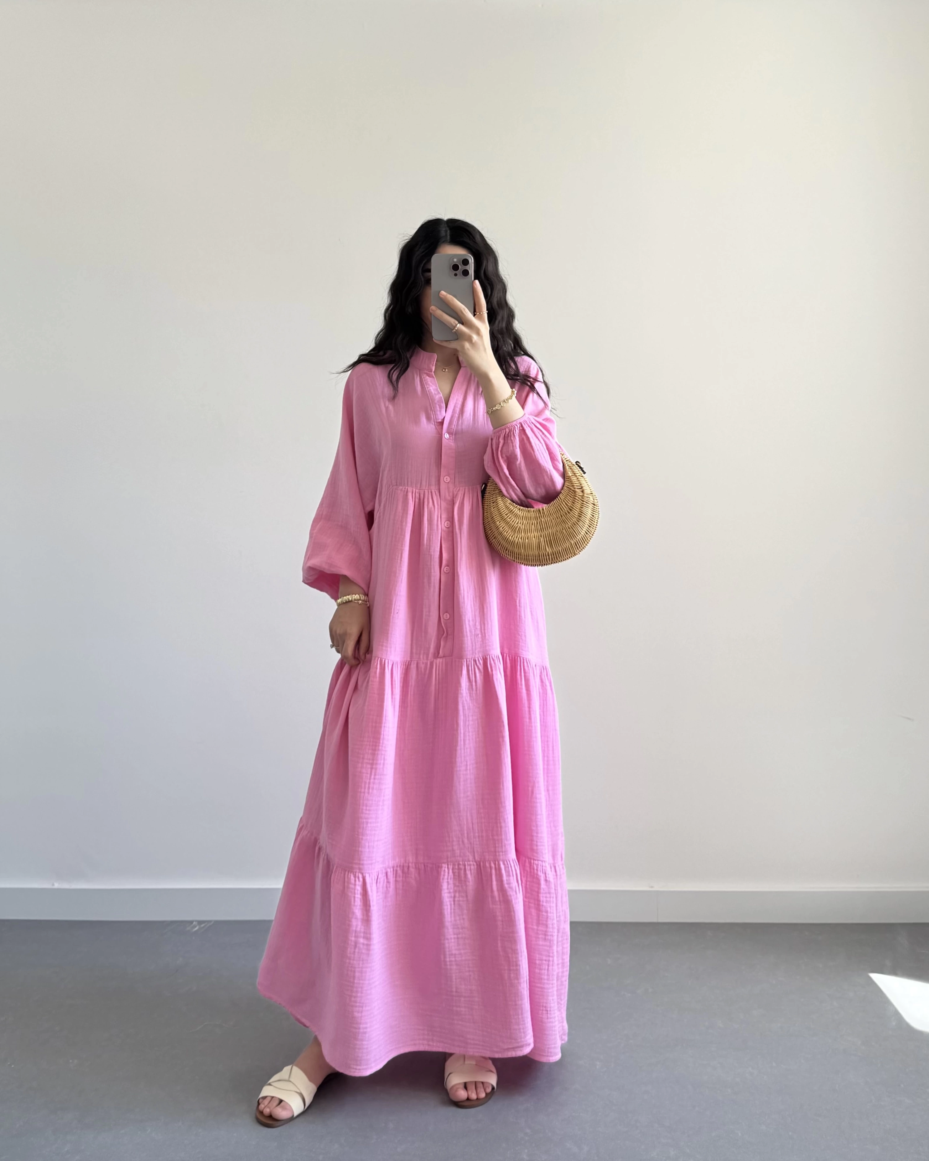 ELETA PEMBE MÜSLİN UZUN ELBİSE