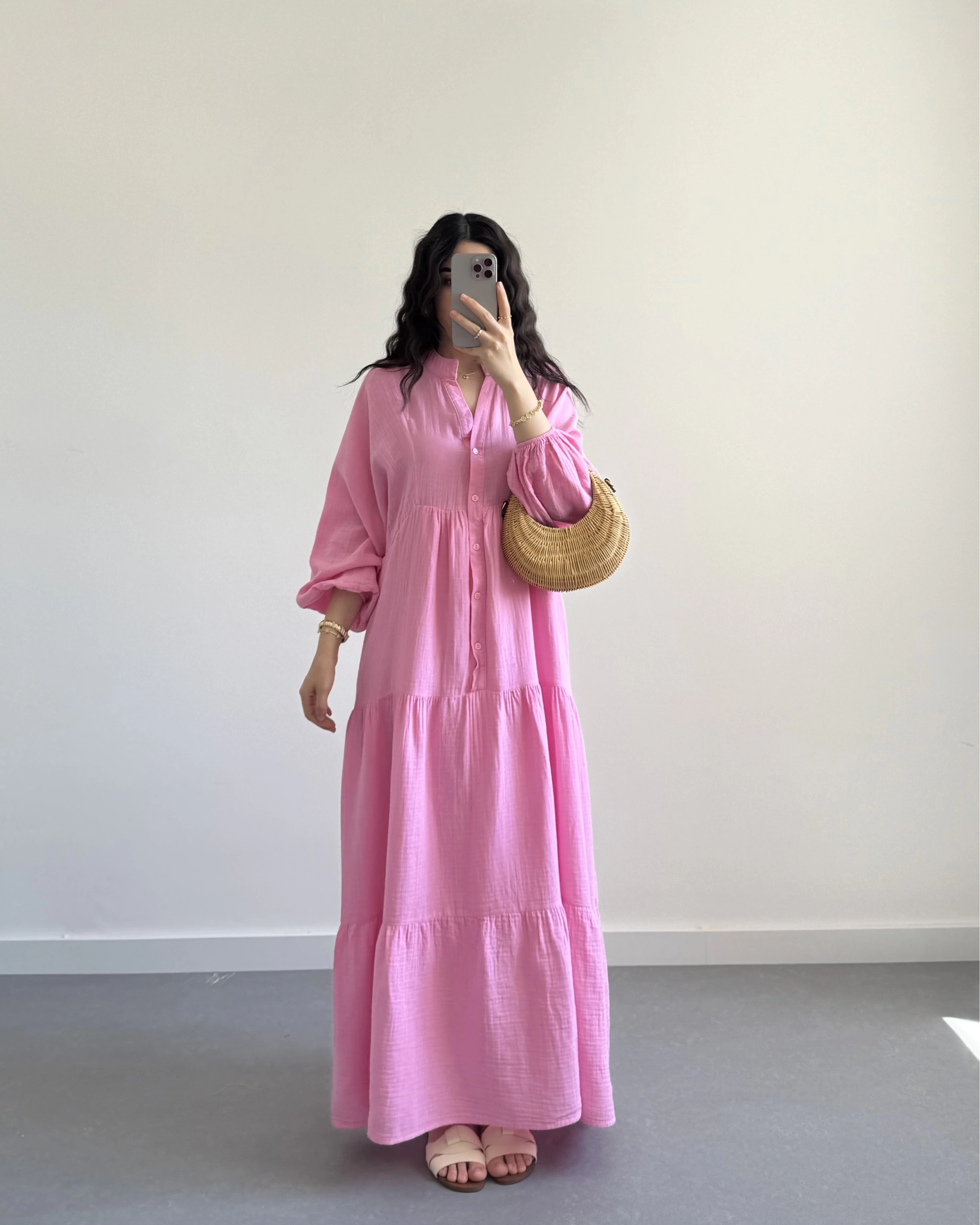 ELETA PEMBE MÜSLİN UZUN ELBİSE
