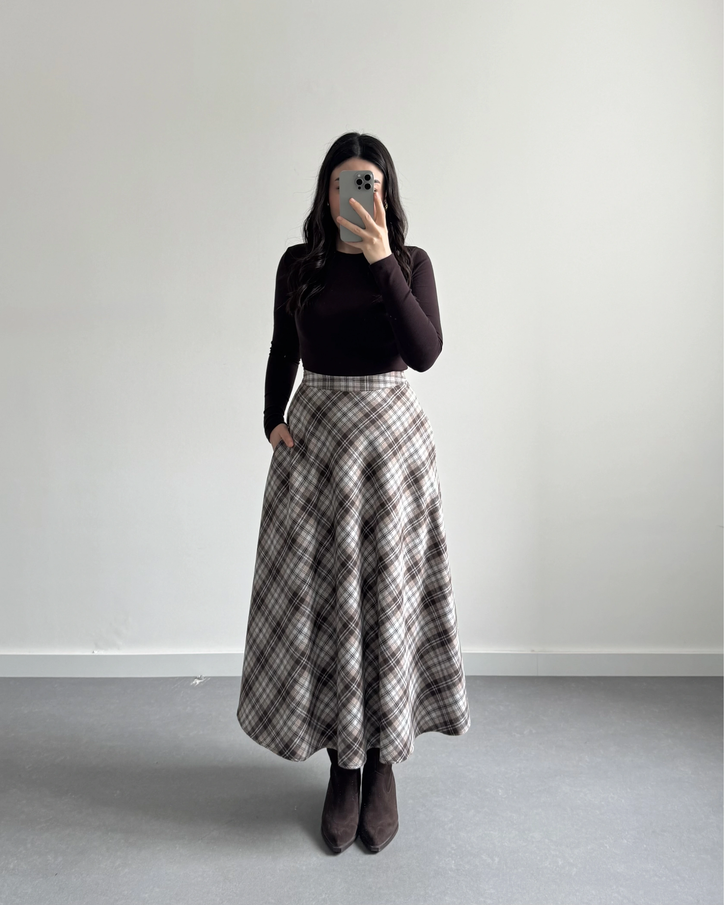 GRİ- KAHVE EKOSE CEPLİ ETEK