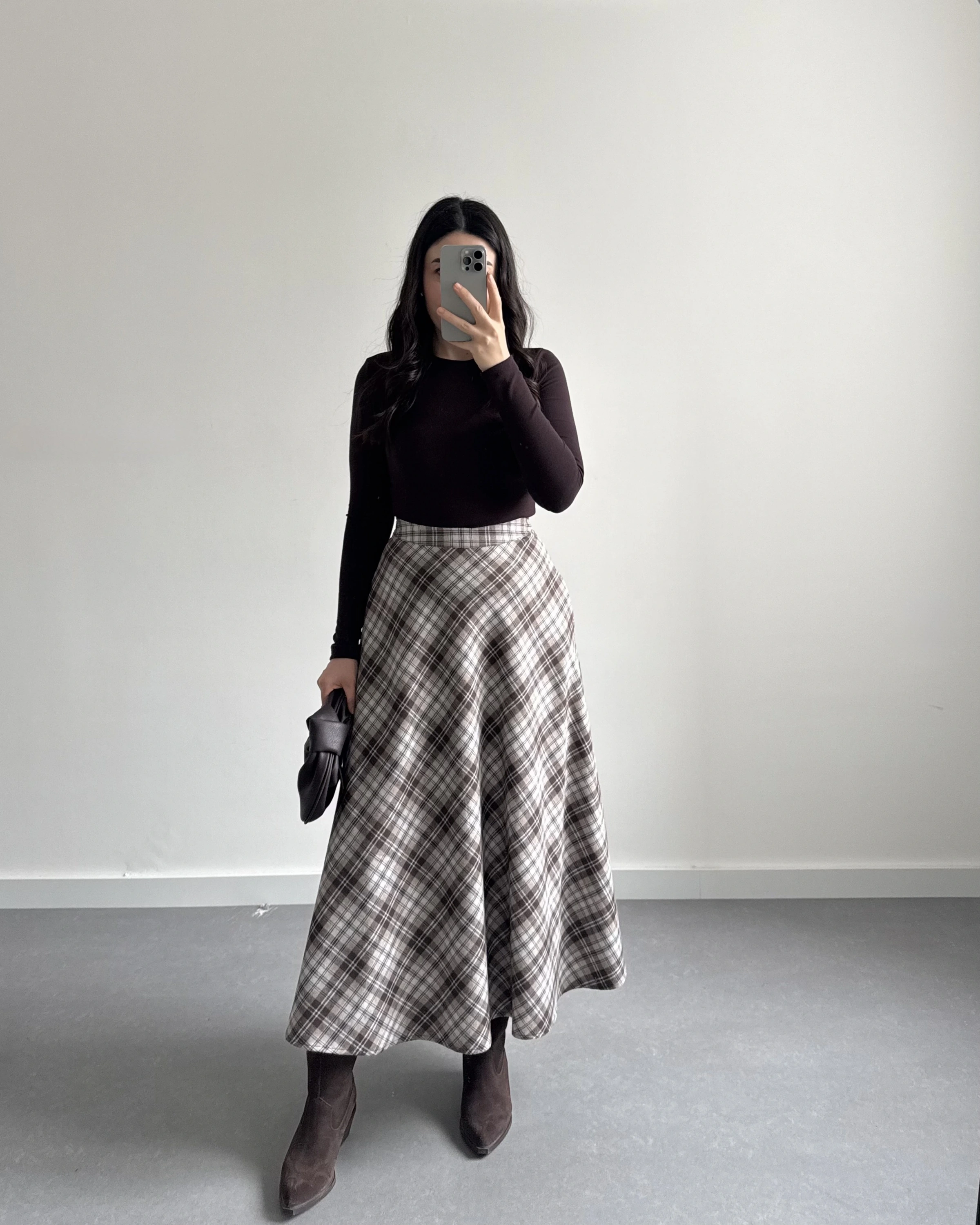 GRİ- KAHVE EKOSE CEPLİ ETEK