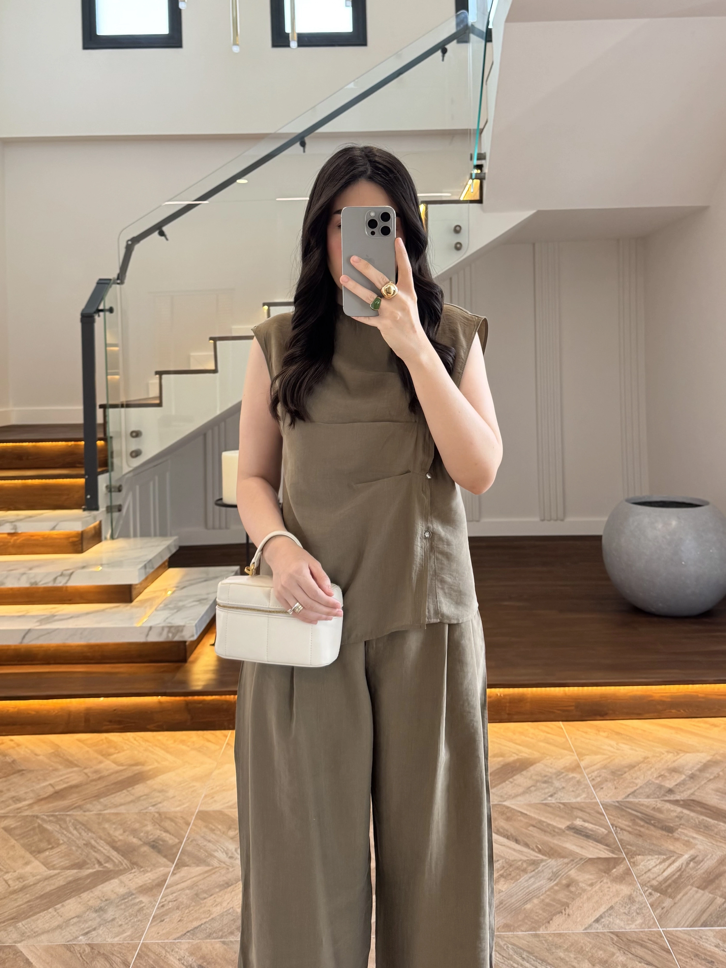 HAKİ ASİMETRİK DÜĞMELİ TENSEL TAKIM-26Y277
