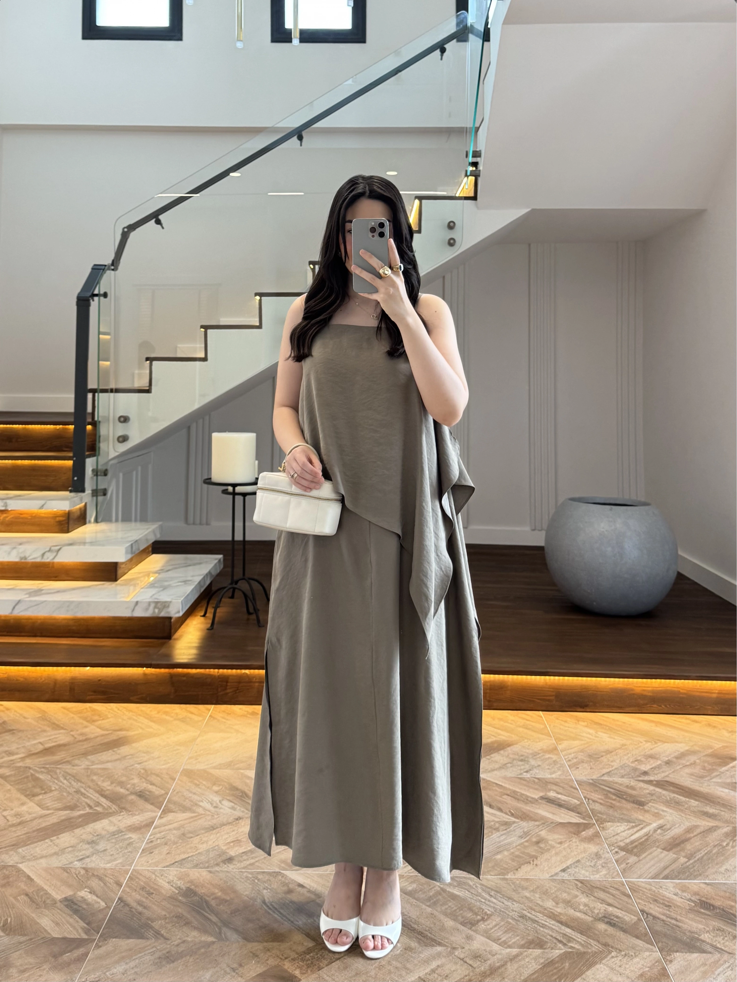 HAKİ ASİMETRİK VOLAN DETAY ELBİSE-2403