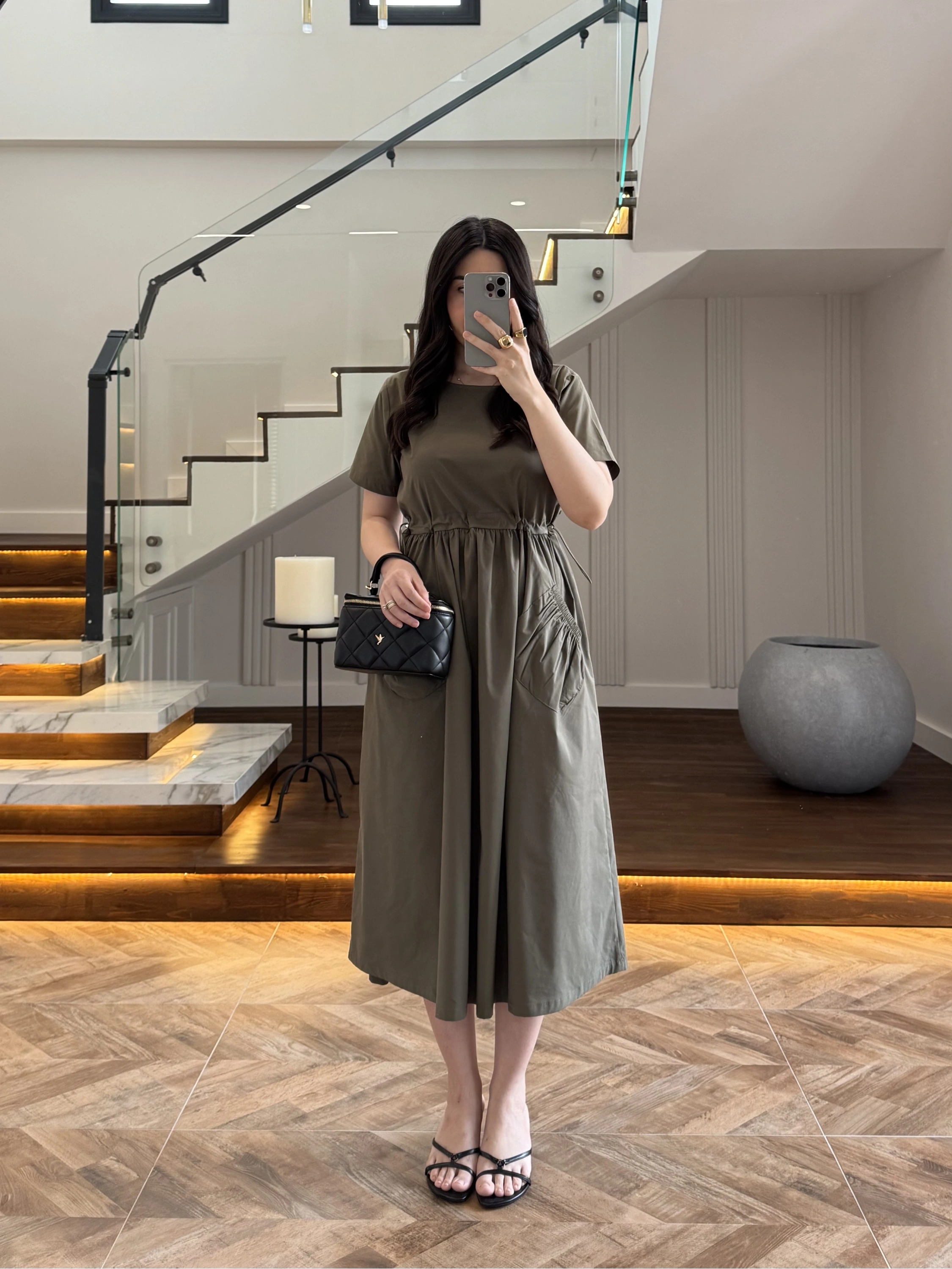 HAKİ BEL BÜZGÜLÜ CEPLİ ELBİSE-30731