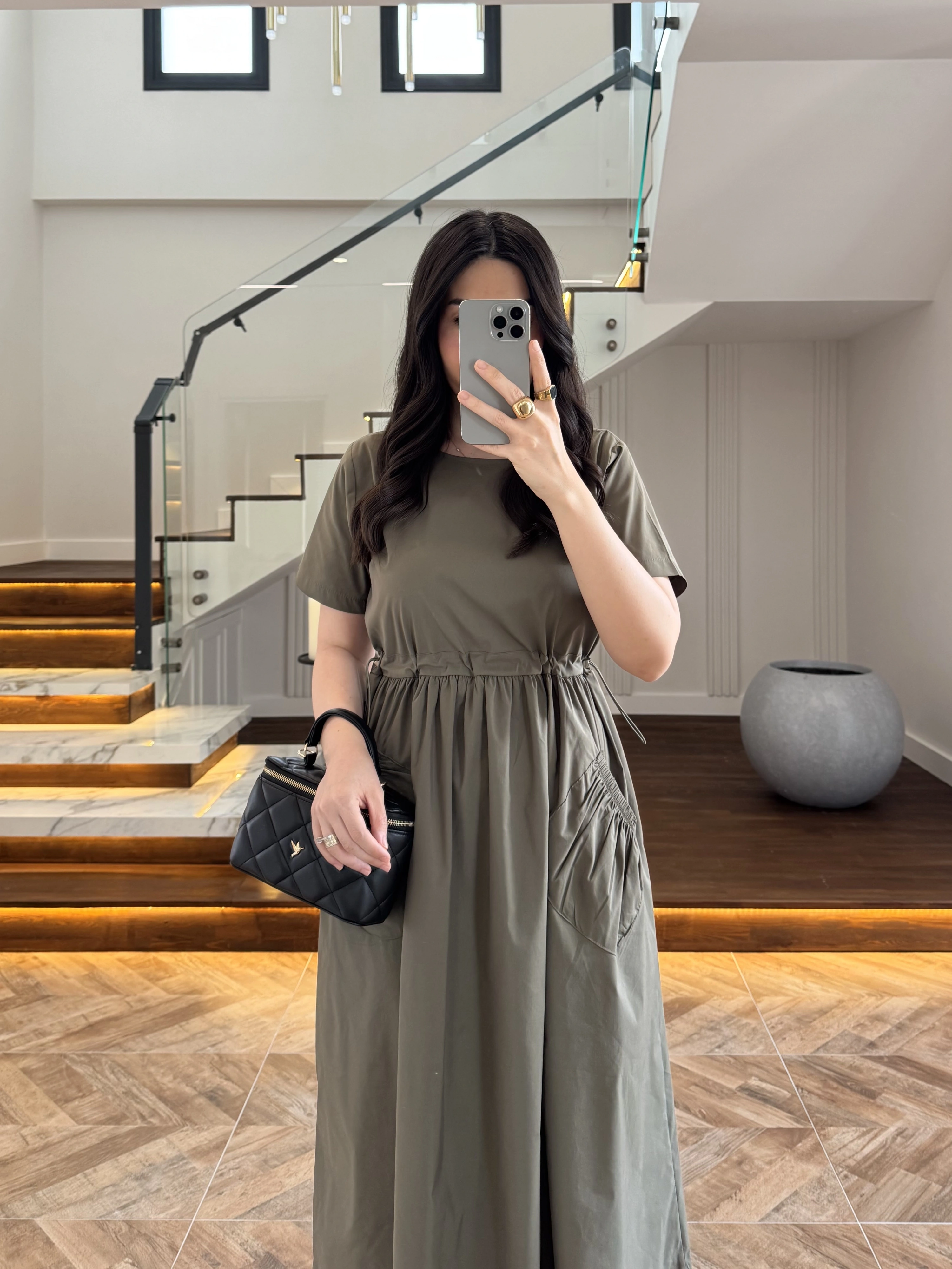 HAKİ BEL BÜZGÜLÜ CEPLİ ELBİSE-30731