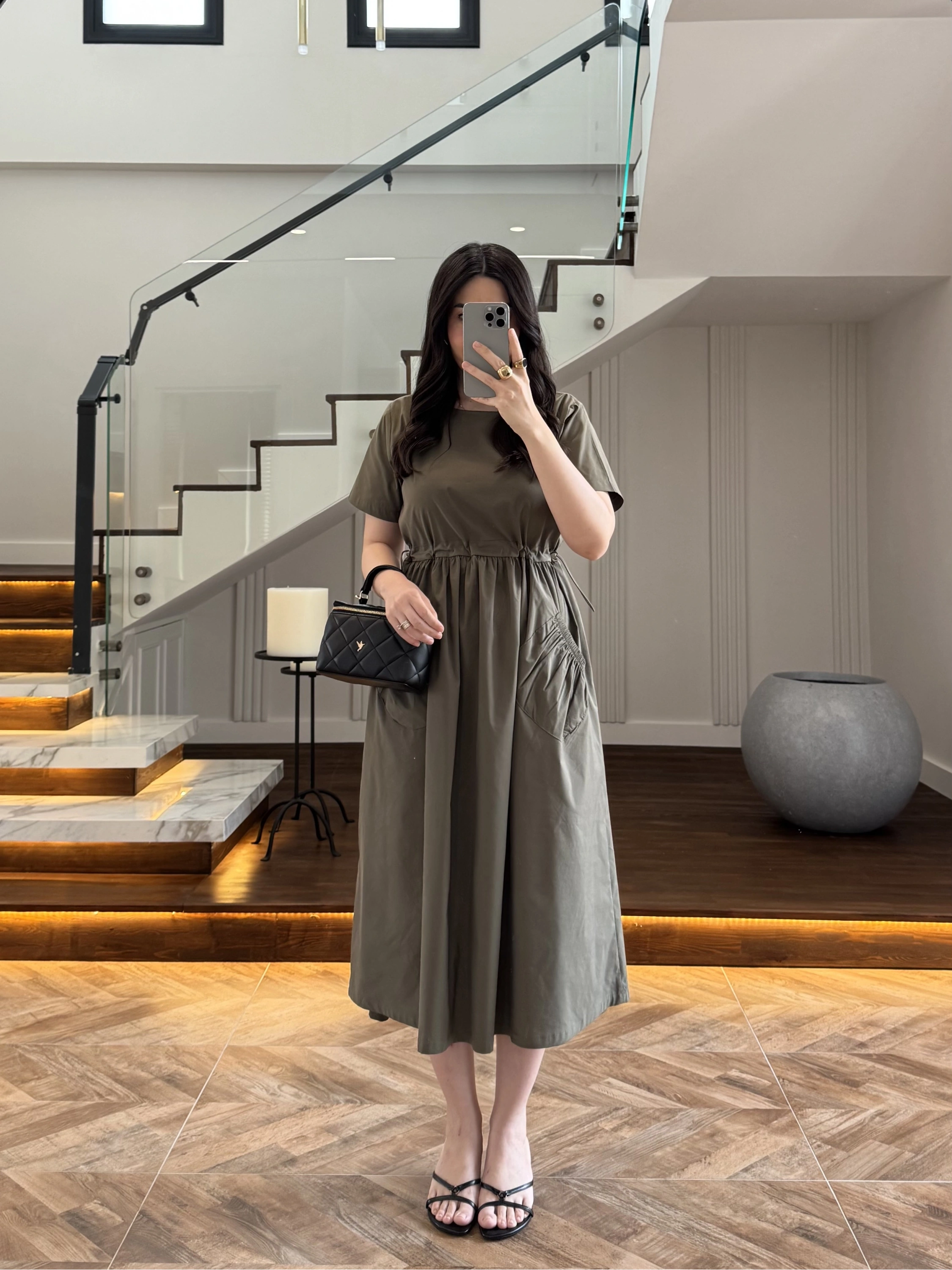 HAKİ BEL BÜZGÜLÜ CEPLİ ELBİSE-30731