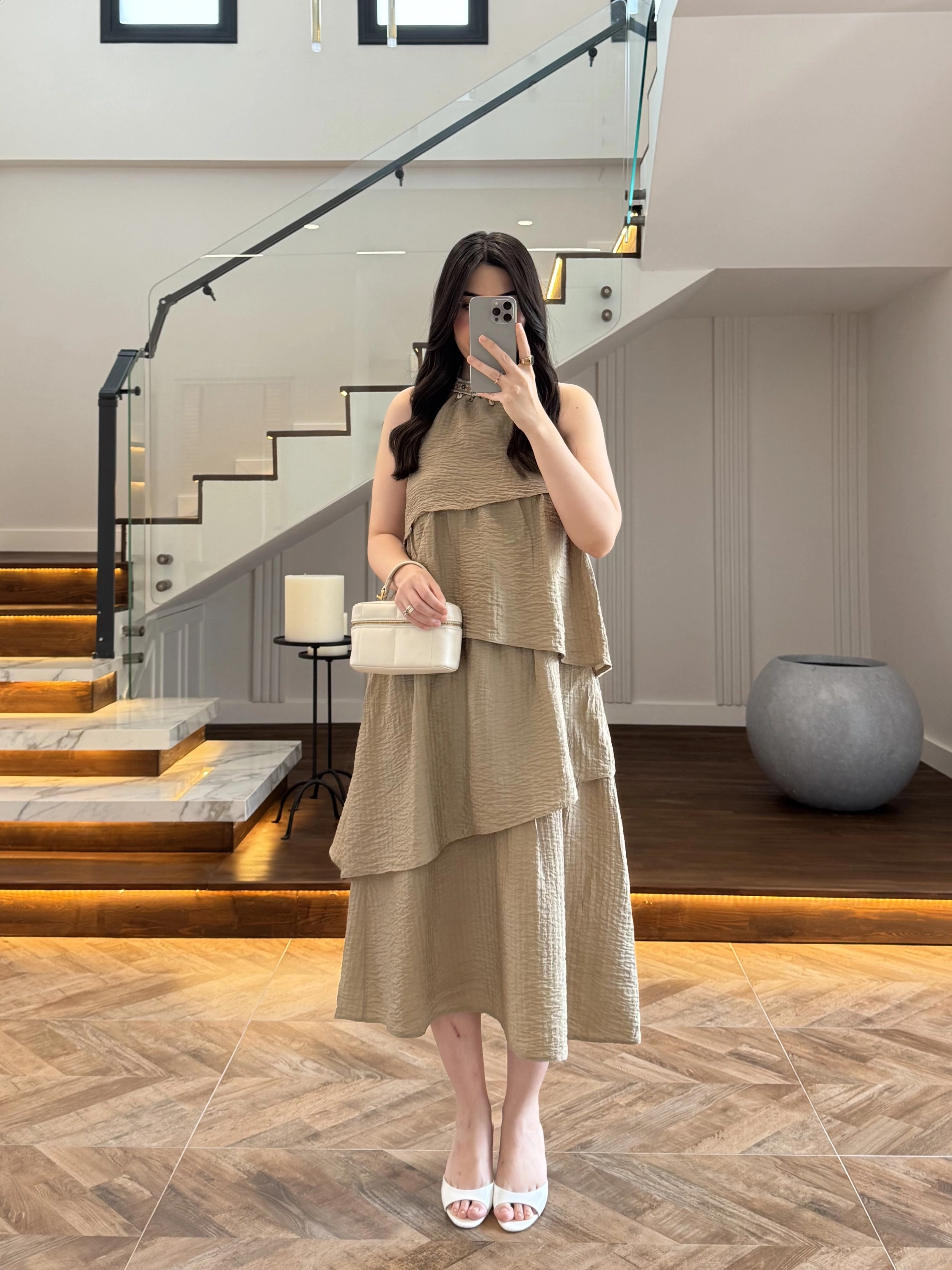 HAKİ BOYUN BAĞLAMALI ELBİSE -4255