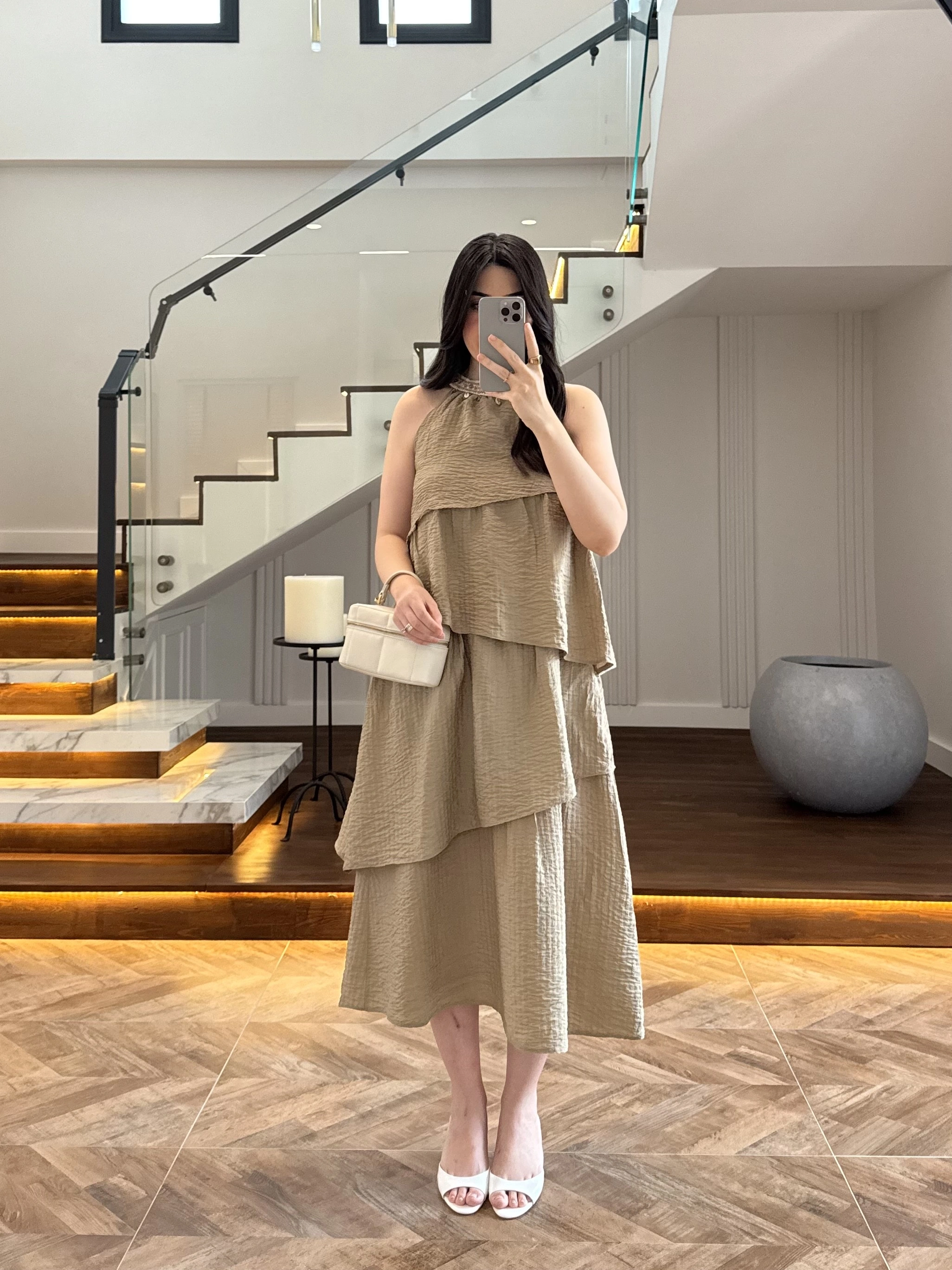 HAKİ BOYUN BAĞLAMALI ELBİSE -4255