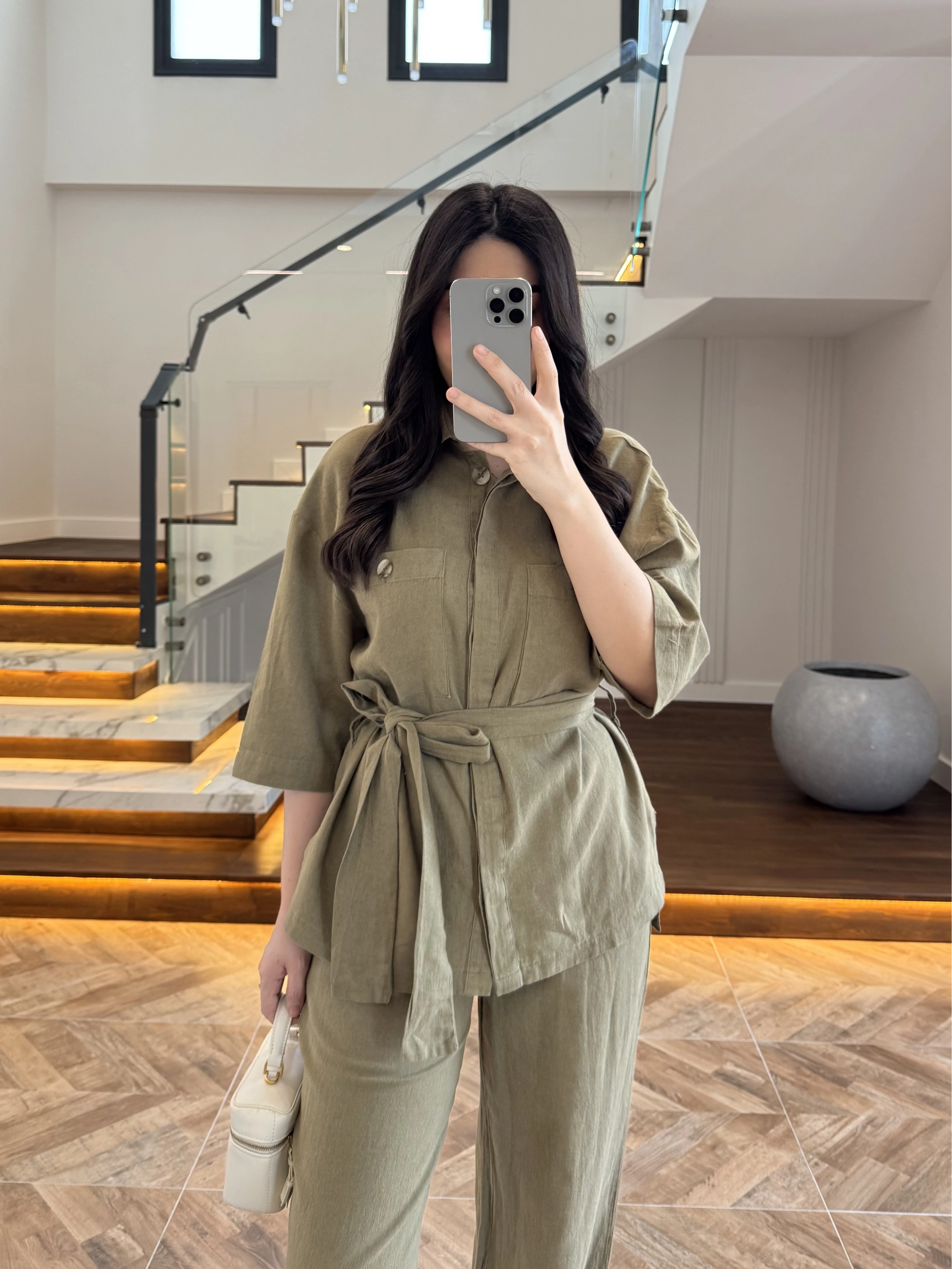 HAKİ KETEN KUŞAKLI GÖMLEK TAKIM-267366