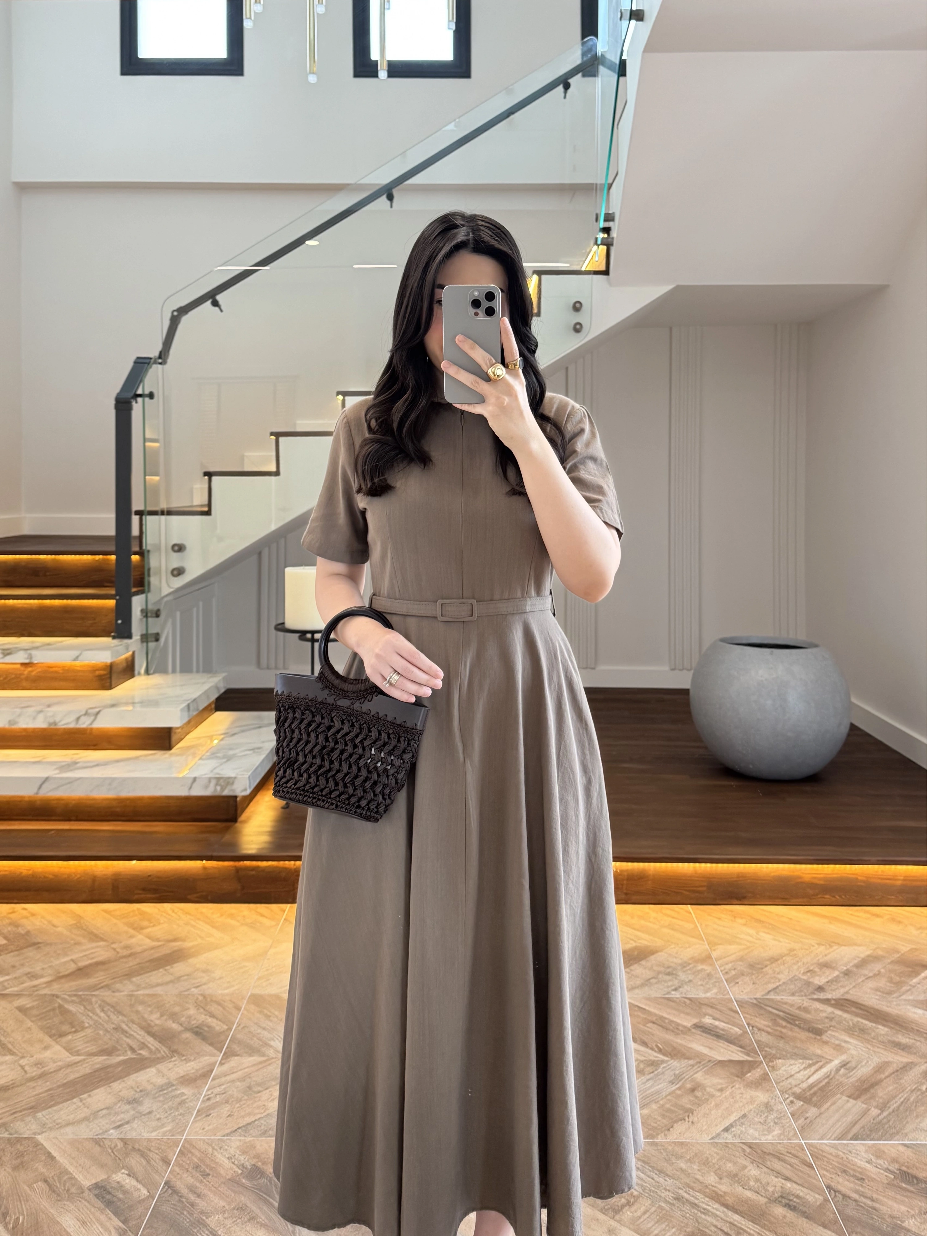 HAKİ KISA KOL KETEN ELBİSE -2402