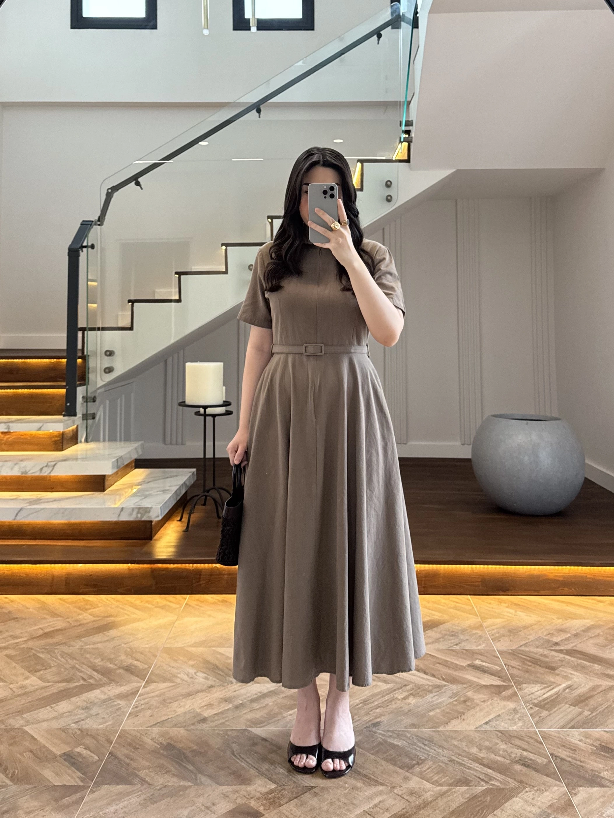 HAKİ KISA KOL KETEN ELBİSE -2402