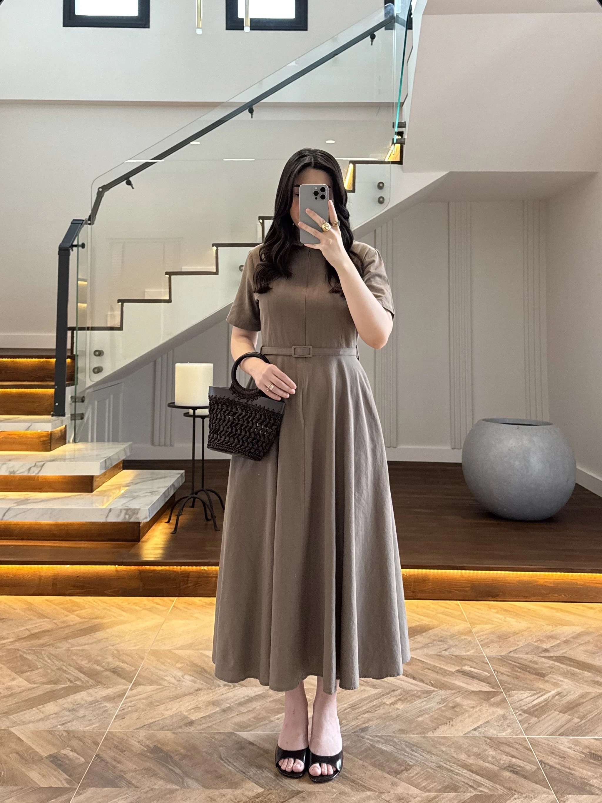 HAKİ KISA KOL KETEN ELBİSE -2402