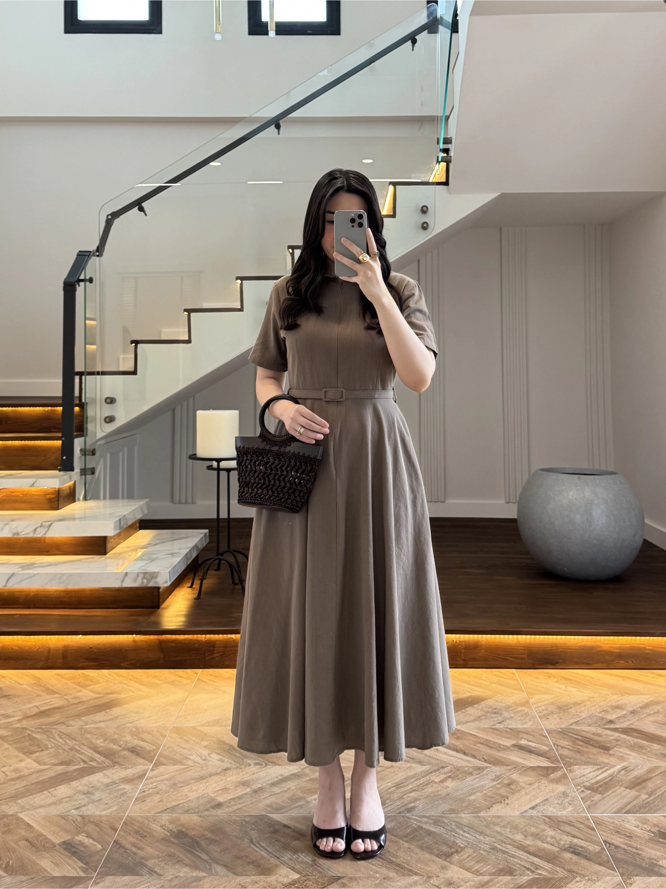 HAKİ KISA KOL KETEN ELBİSE -2402