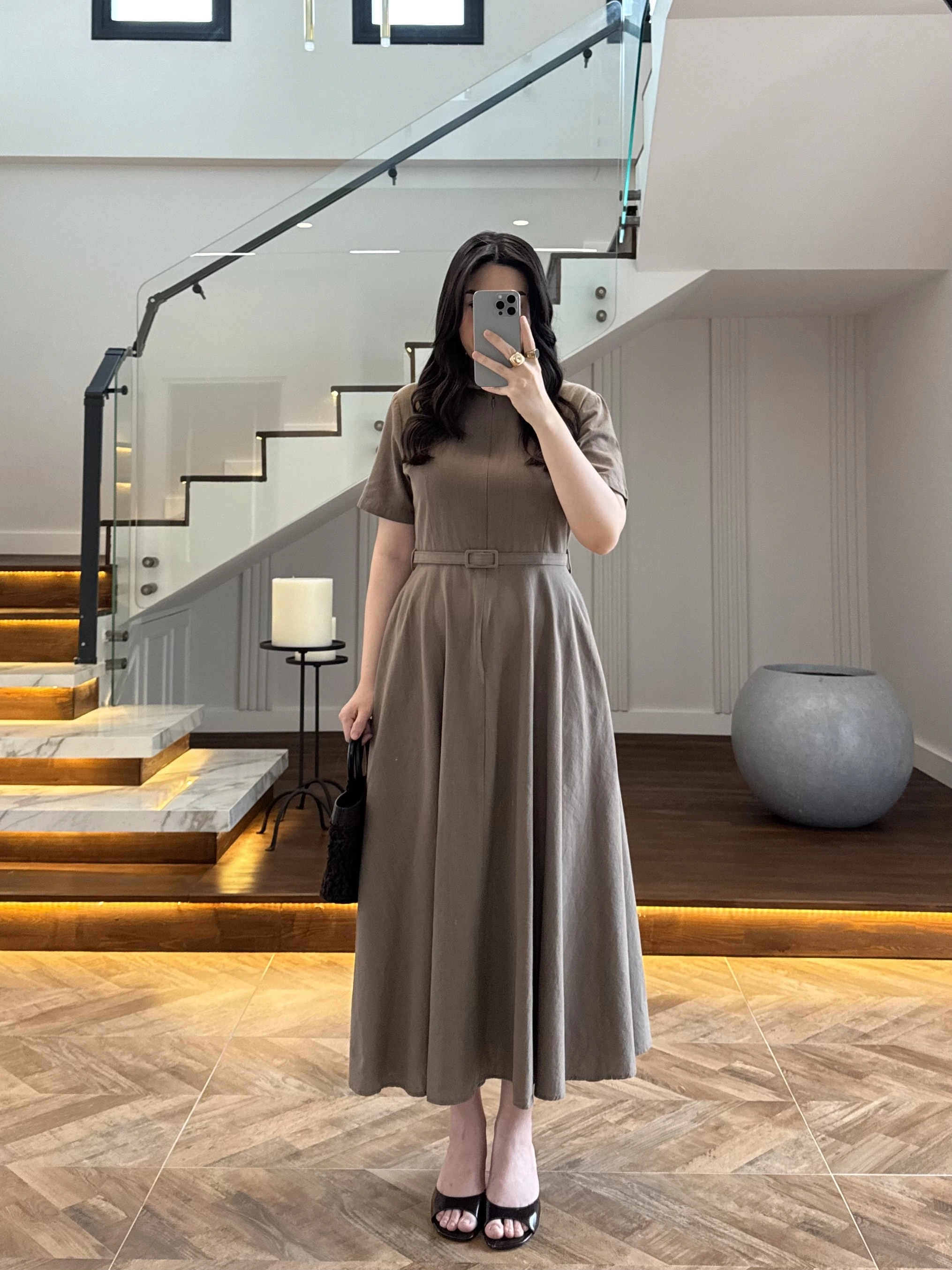 HAKİ KISA KOL KETEN ELBİSE -2402