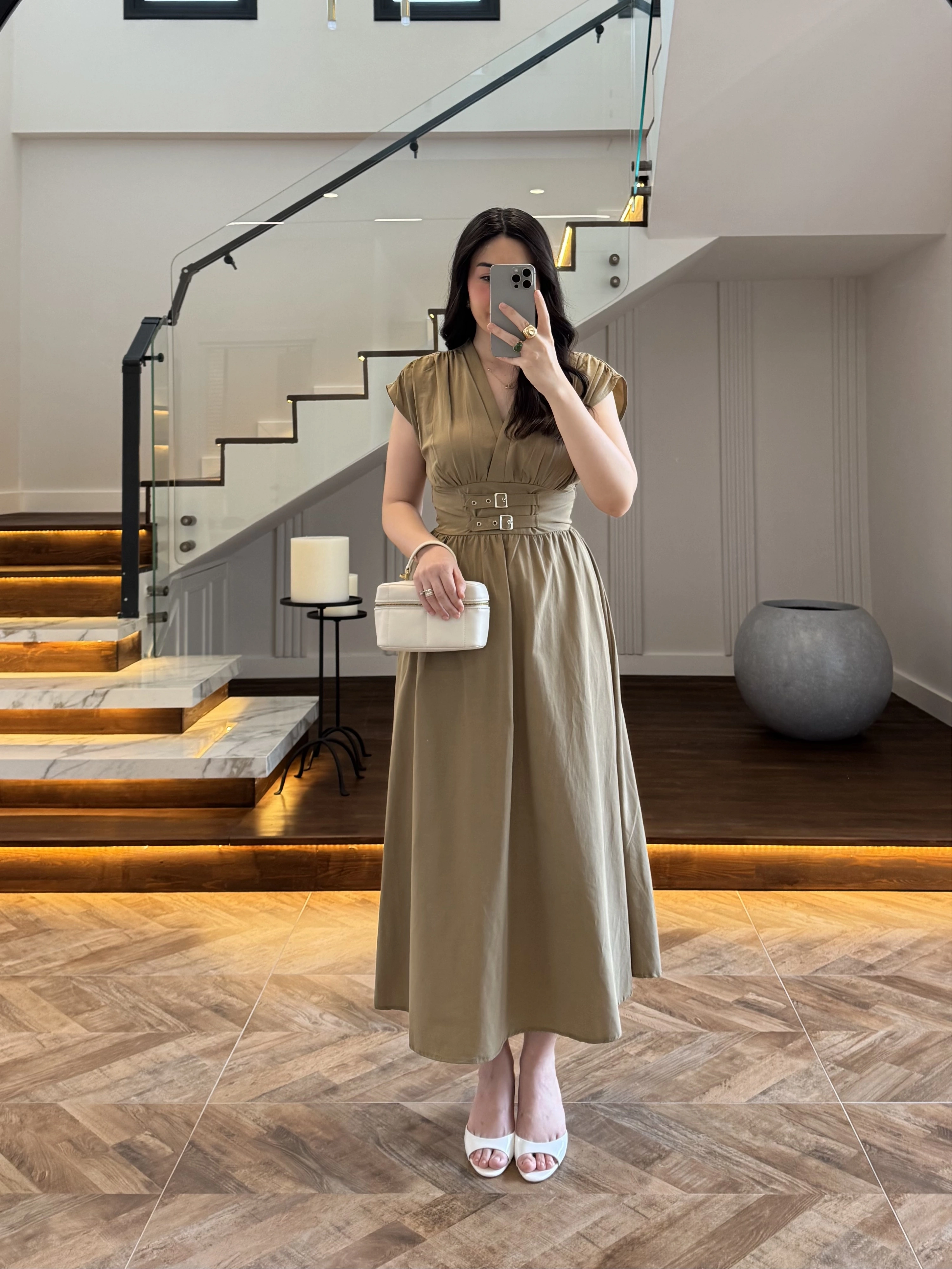 HAKİ KRUVAZE YAKA KEMER DETAY ELBİSE -4094