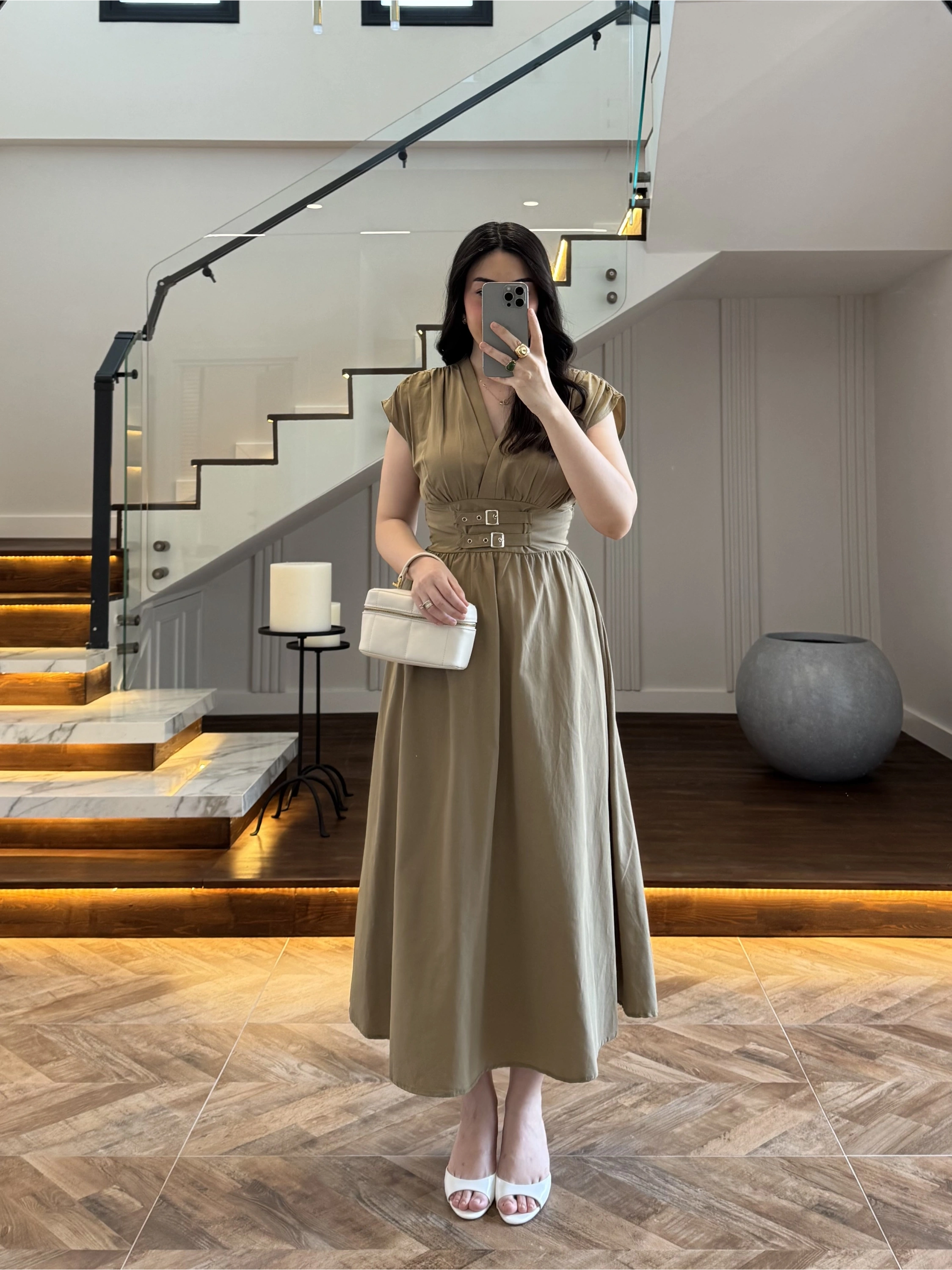 HAKİ KRUVAZE YAKA KEMER DETAY ELBİSE -4094